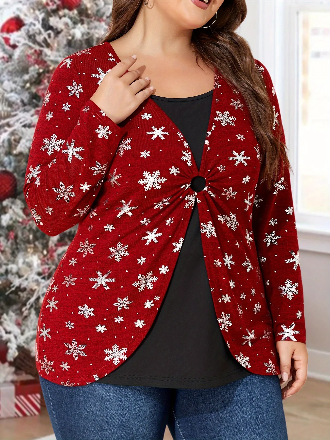 2 In 1 Plus Size Christmas Print T-shirt, Elegant Long Sleeve Top For Spring & Fall