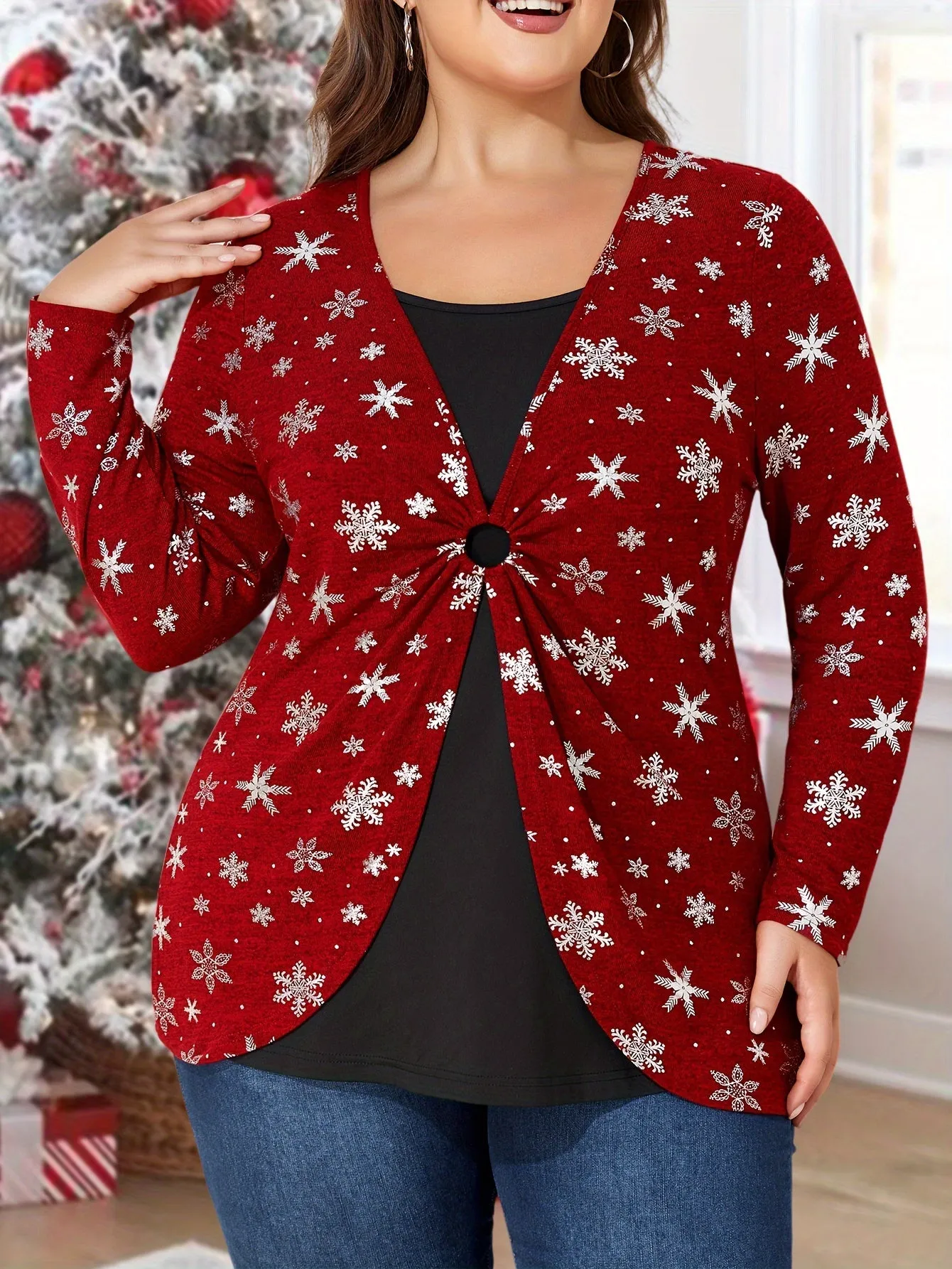 2 In 1 Plus Size Christmas Print T-shirt, Elegant Long Sleeve Top For Spring & Fall