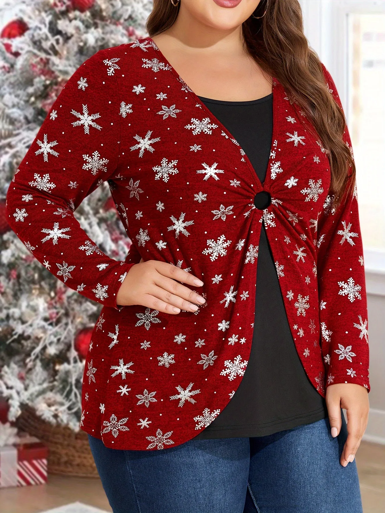2 In 1 Plus Size Christmas Print T-shirt, Elegant Long Sleeve Top For Spring & Fall