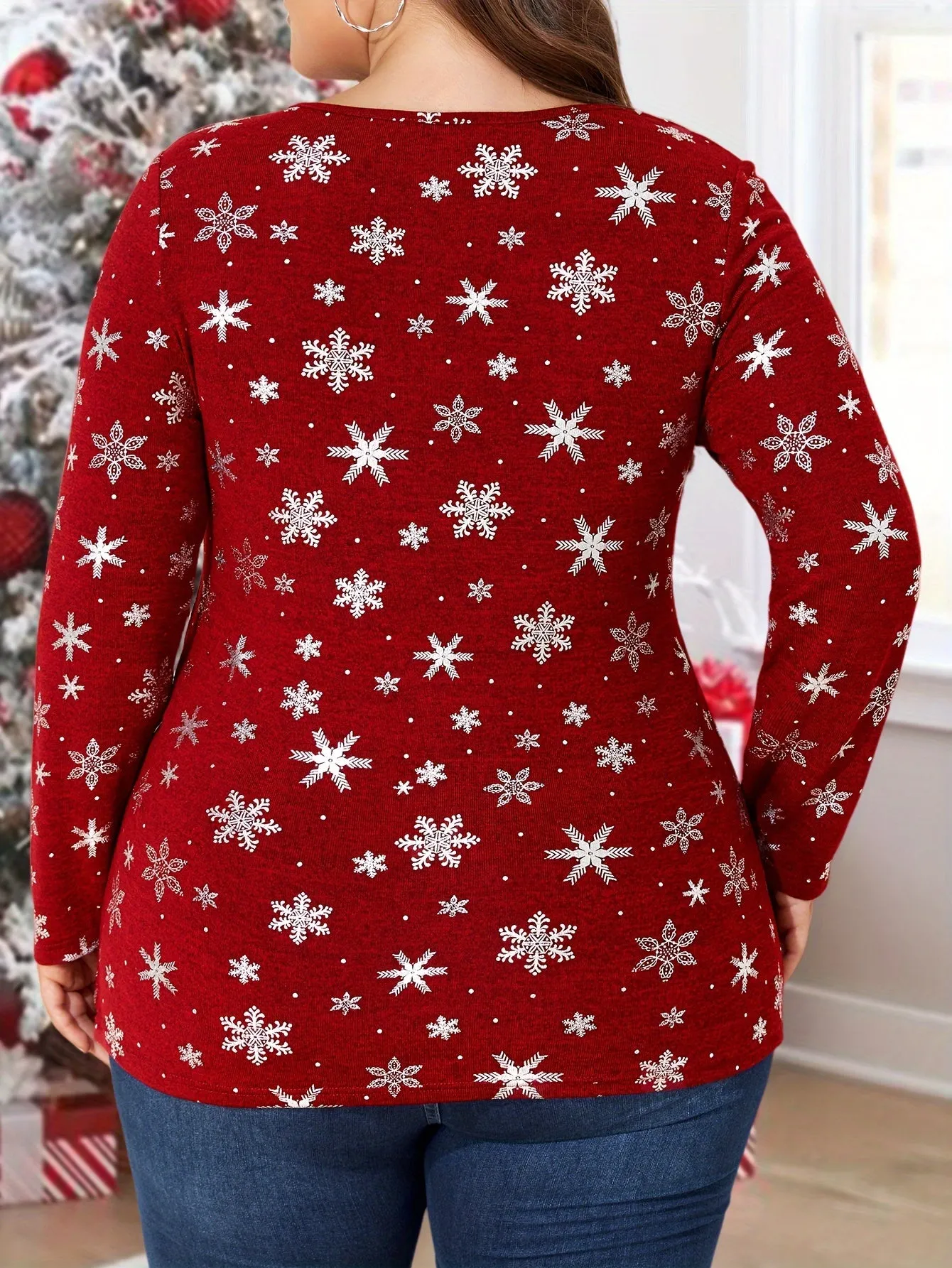 2 In 1 Plus Size Christmas Print T-shirt, Elegant Long Sleeve Top For Spring & Fall