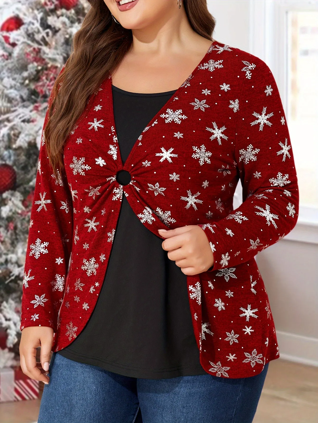 2 In 1 Plus Size Christmas Print T-shirt, Elegant Long Sleeve Top For Spring & Fall