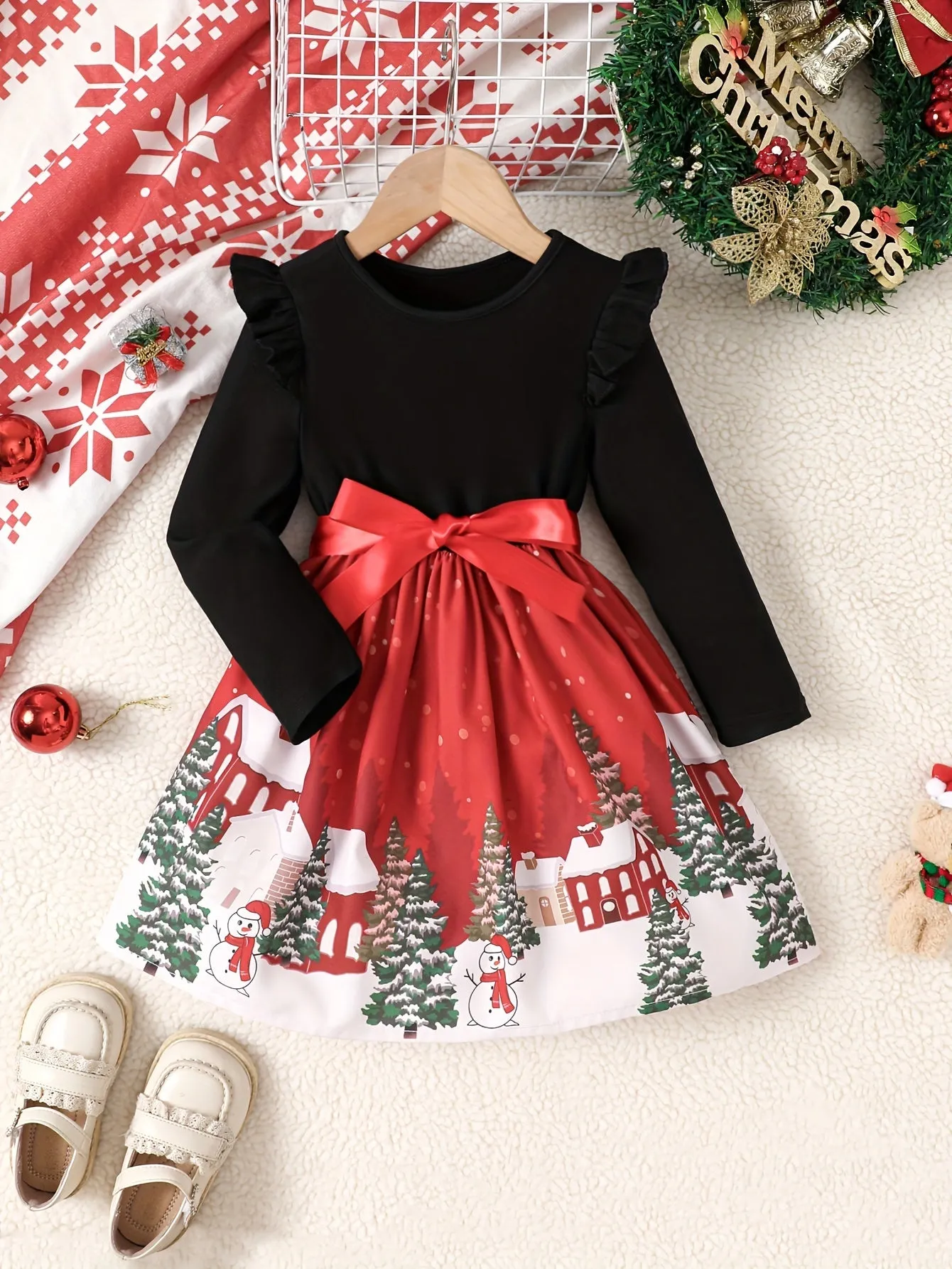 Adorable Christmas House Print Long-Sleeve A-Line Dress for Girls - Sweet Comfy Party Dresses for Spring and Fall - Ideal Gift for Little Princesses