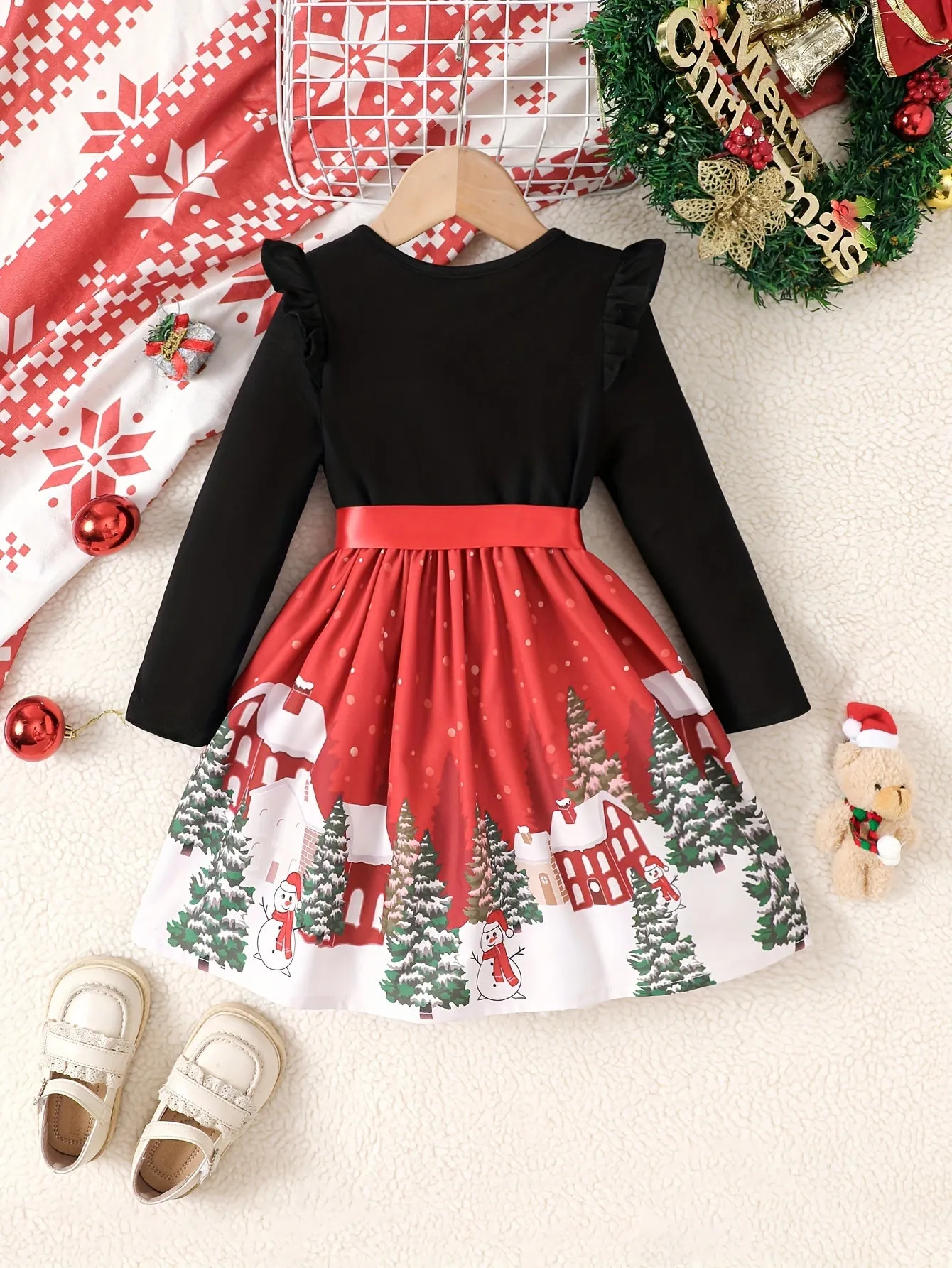 Adorable Christmas House Print Long-Sleeve A-Line Dress for Girls - Sweet Comfy Party Dresses for Spring and Fall - Ideal Gift for Little Princesses