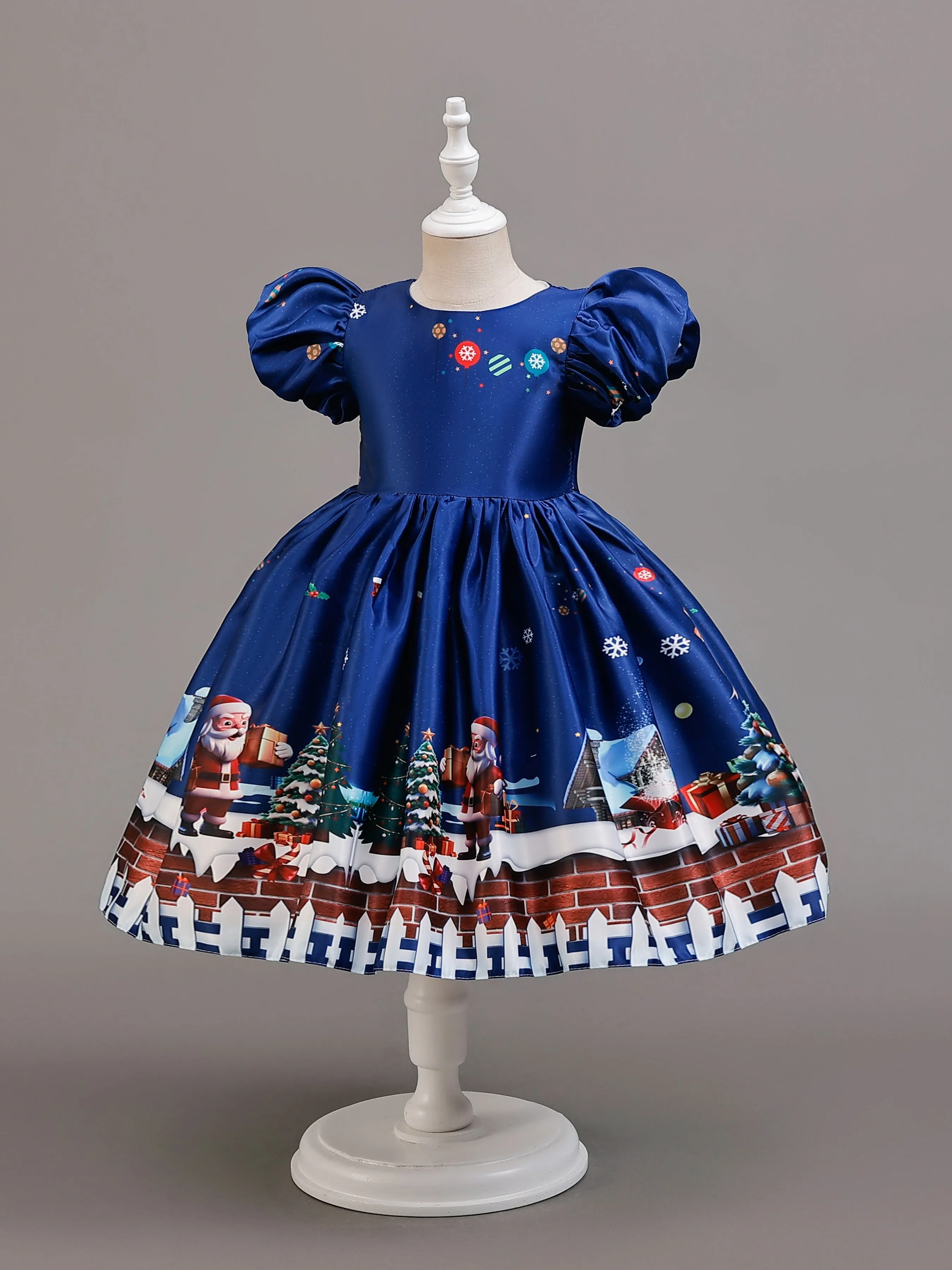 Adorable Girls' Christmas Dress with Santa & Snowflake Print - Puff Sleeve Princess Costume for Holiday Performances