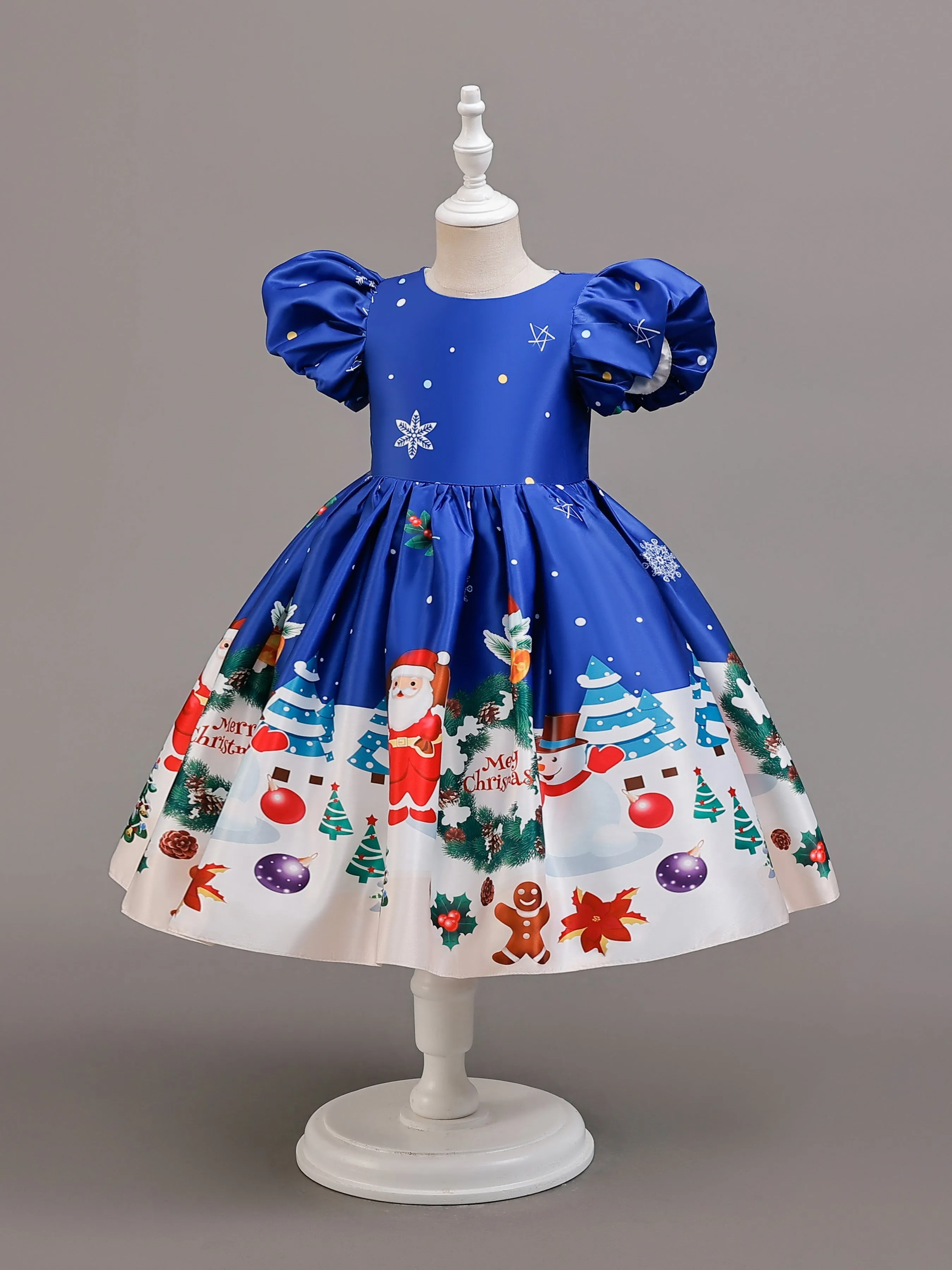 Adorable Girls' Christmas Dress with Santa & Snowflake Print - Puff Sleeve Princess Costume for Holiday Performances