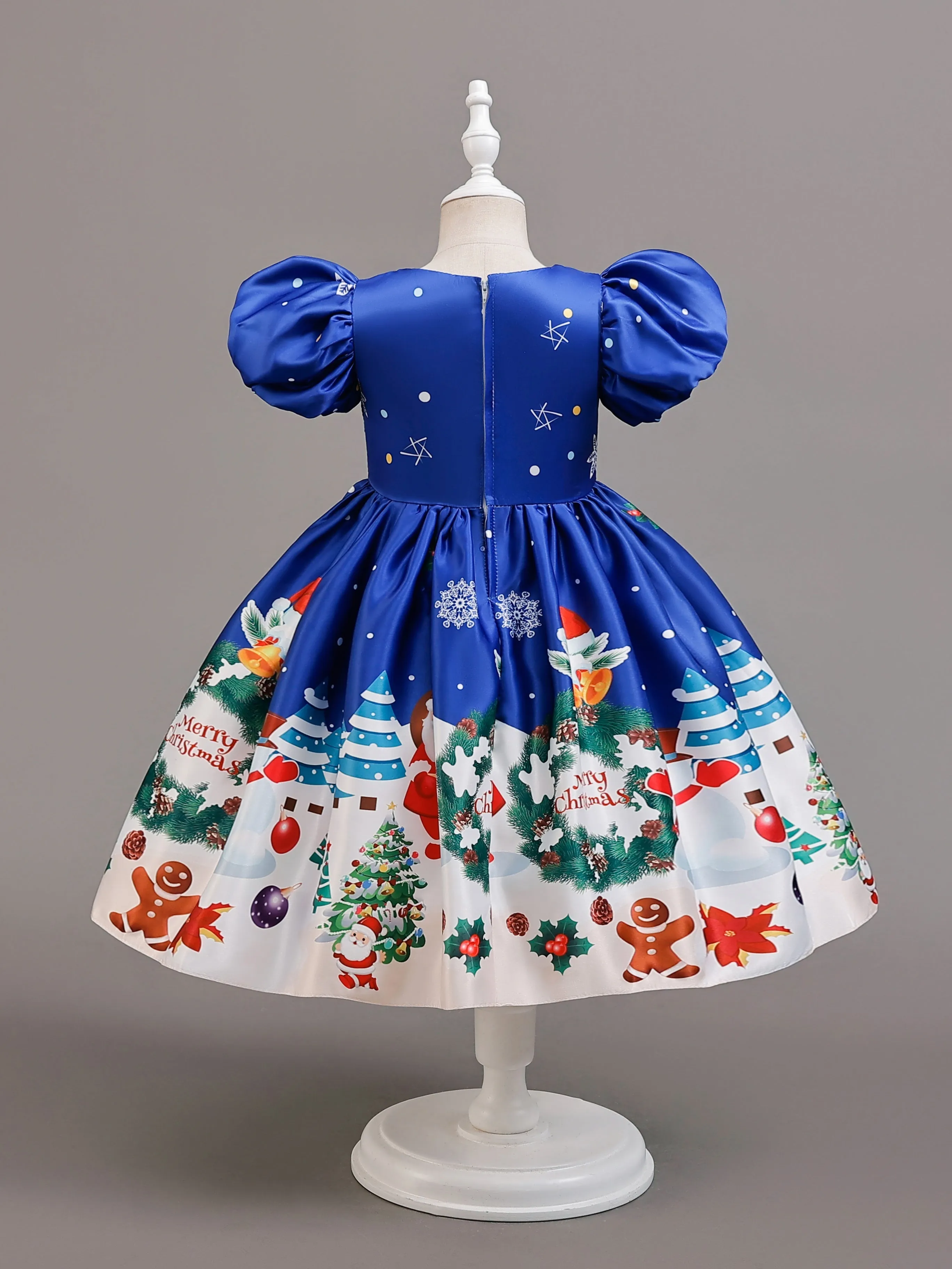 Adorable Girls' Christmas Dress with Santa & Snowflake Print - Puff Sleeve Princess Costume for Holiday Performances