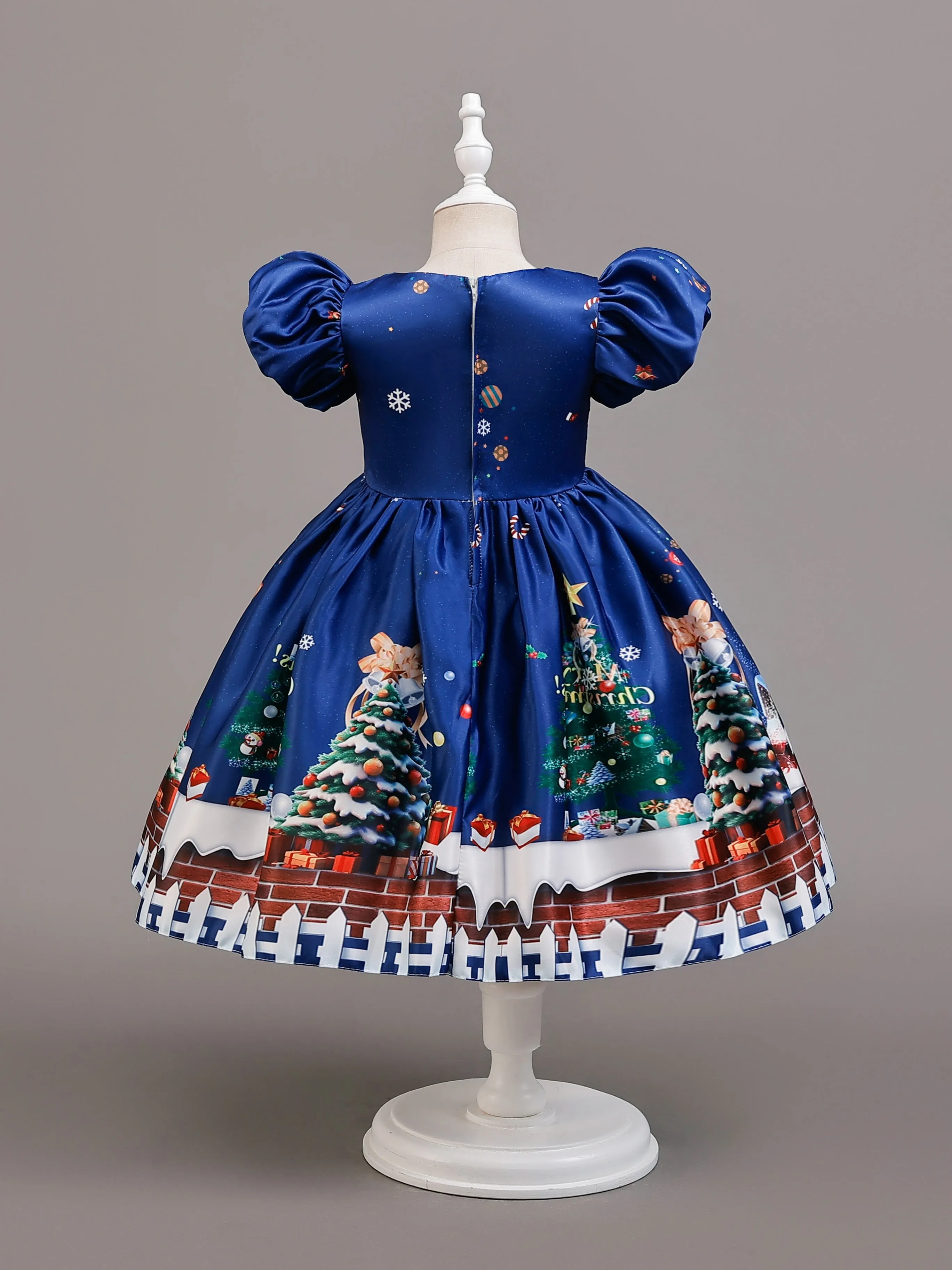 Adorable Girls' Christmas Dress with Santa & Snowflake Print - Puff Sleeve Princess Costume for Holiday Performances