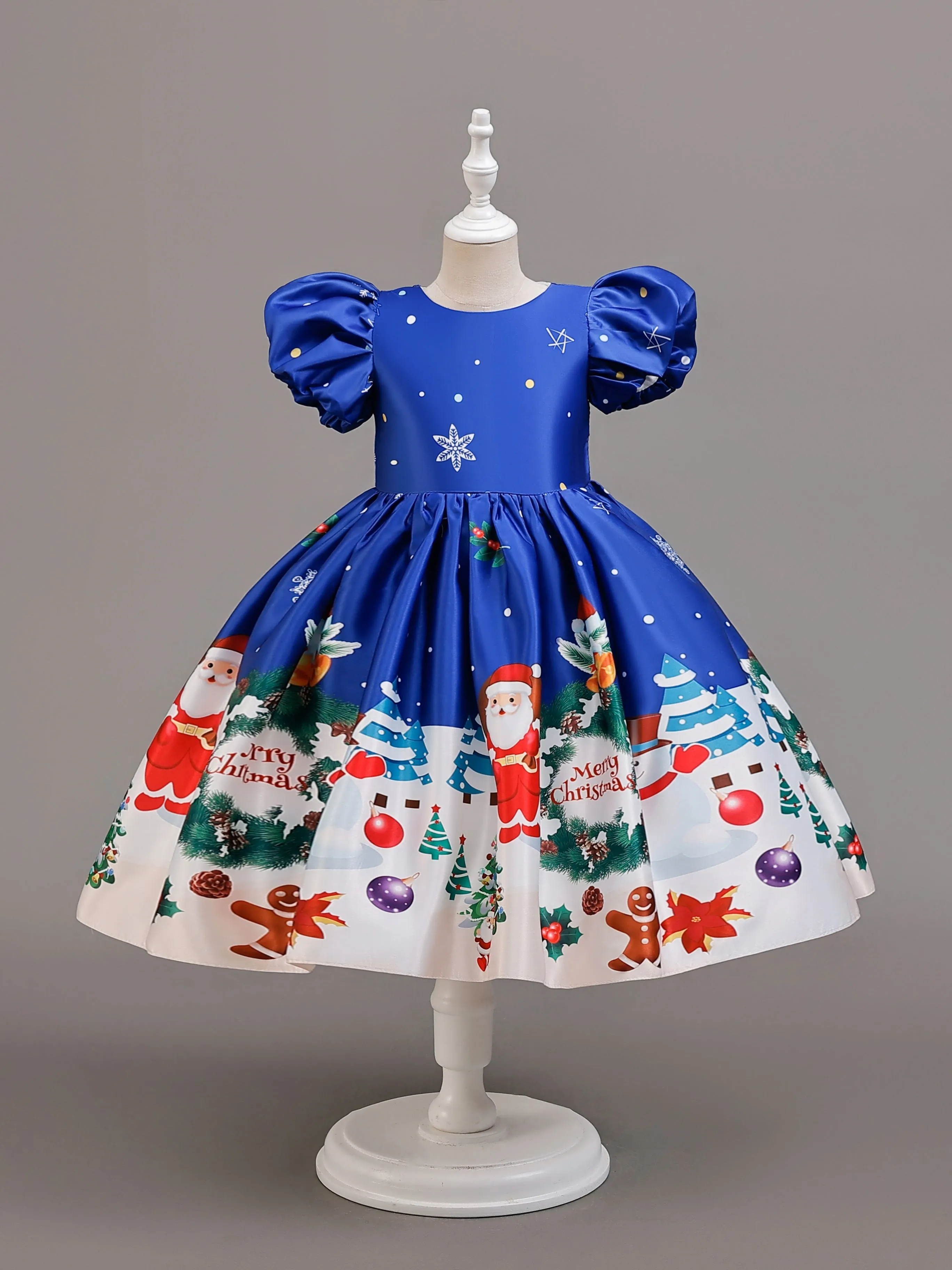 Adorable Girls' Christmas Dress with Santa & Snowflake Print - Puff Sleeve Princess Costume for Holiday Performances