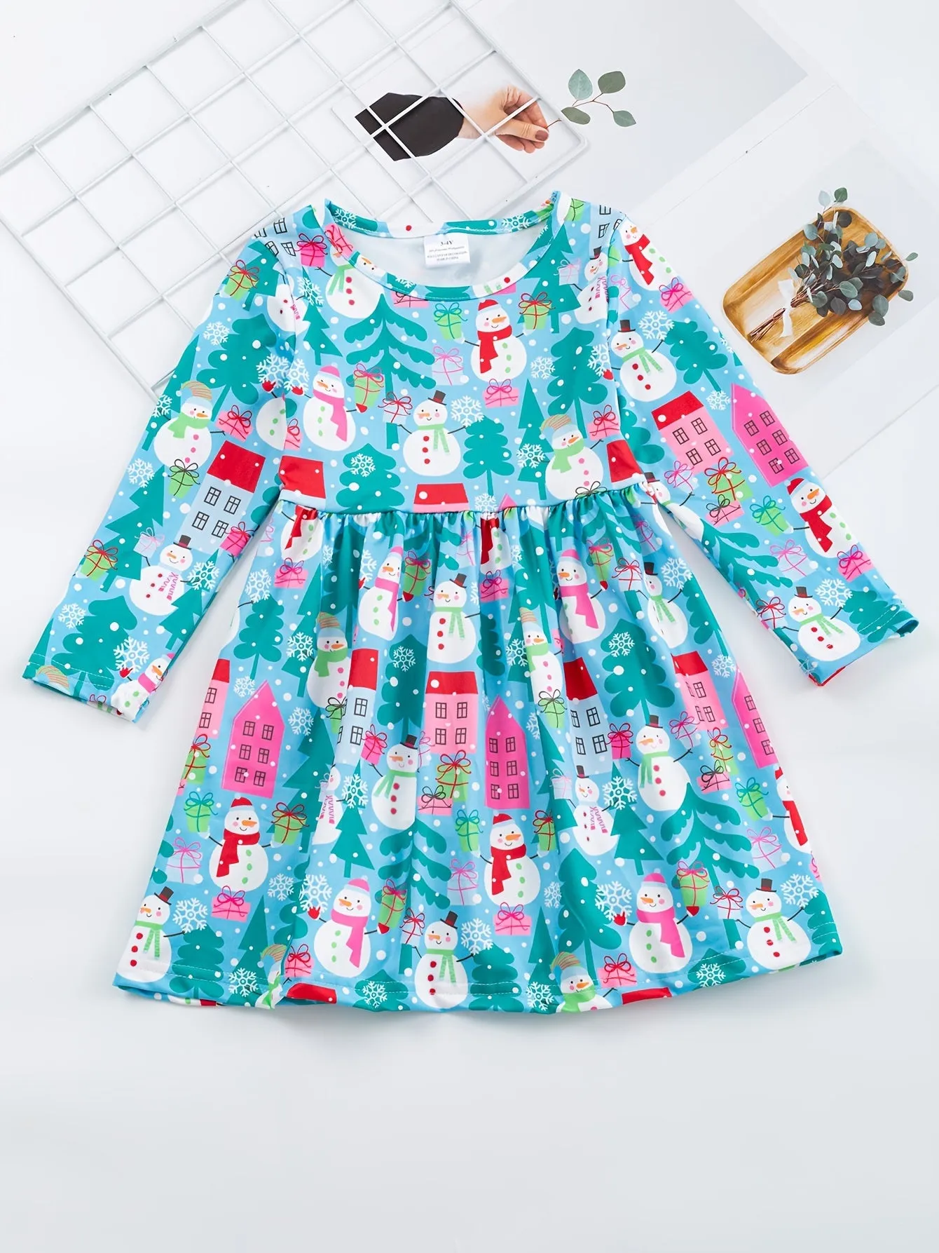 Adorable Snowman Graphic Long Sleeve Dress for Toddler Girls - Soft, Casual, and Cute Winter Outfit for Autumn and Spring - Perfect for Little Princesses and Holiday Parties