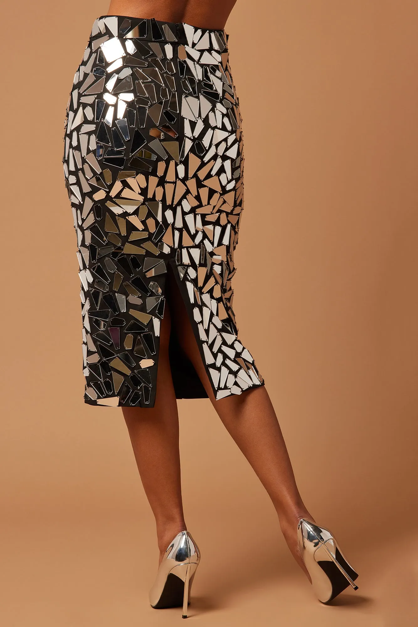 Alma Embellished Mirror Midi Skirt - Black