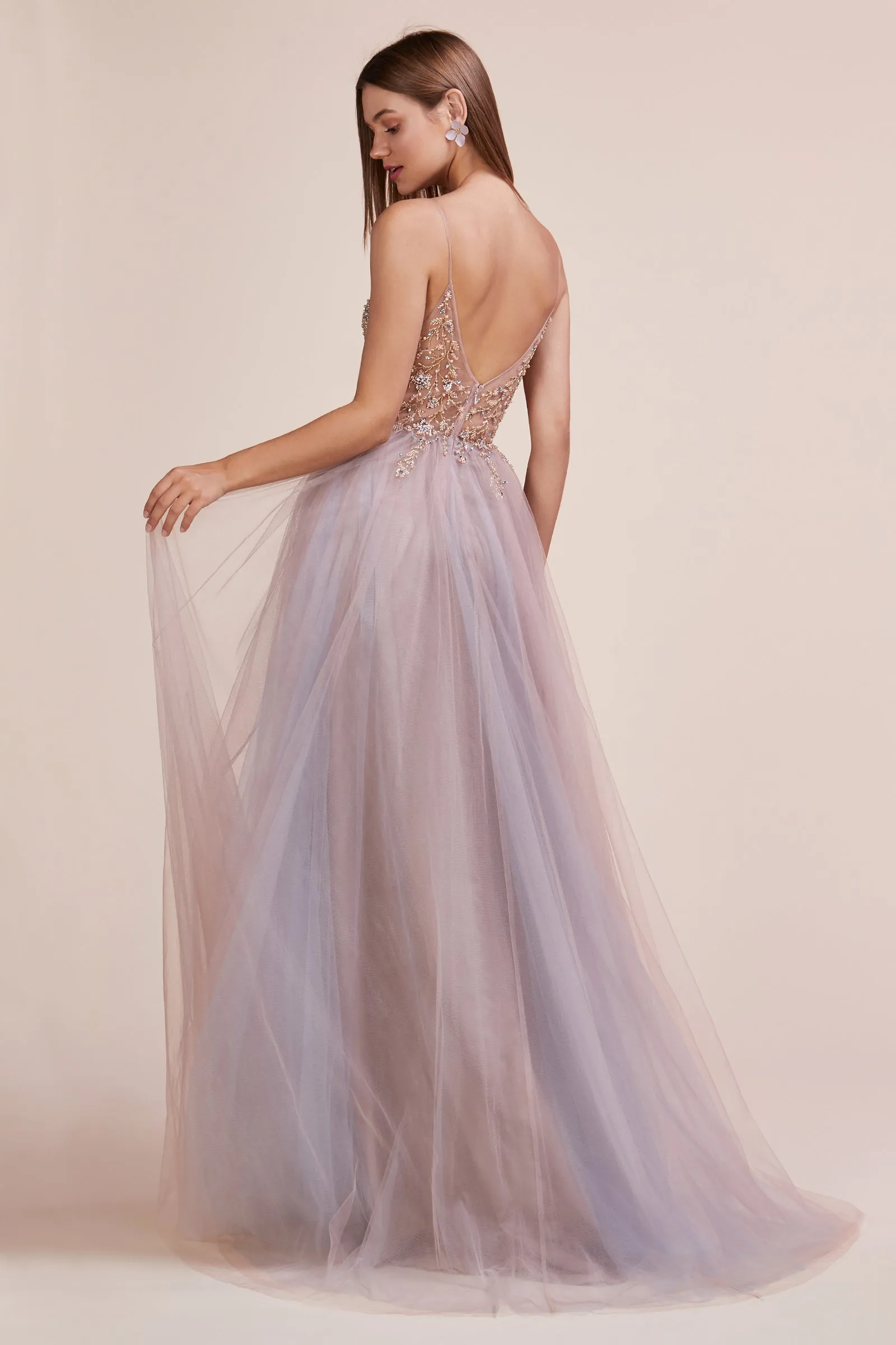 ANDREA & LEO A0672 Beaded Bodice Tulle A Line Slit Dress