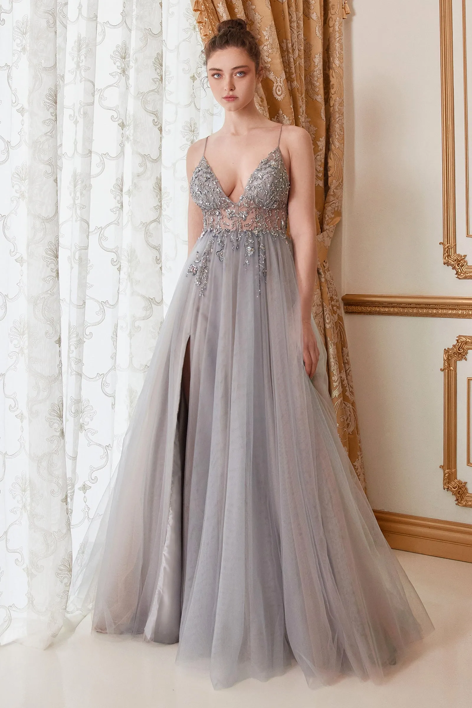 ANDREA & LEO A0672 Beaded Bodice Tulle A Line Slit Dress