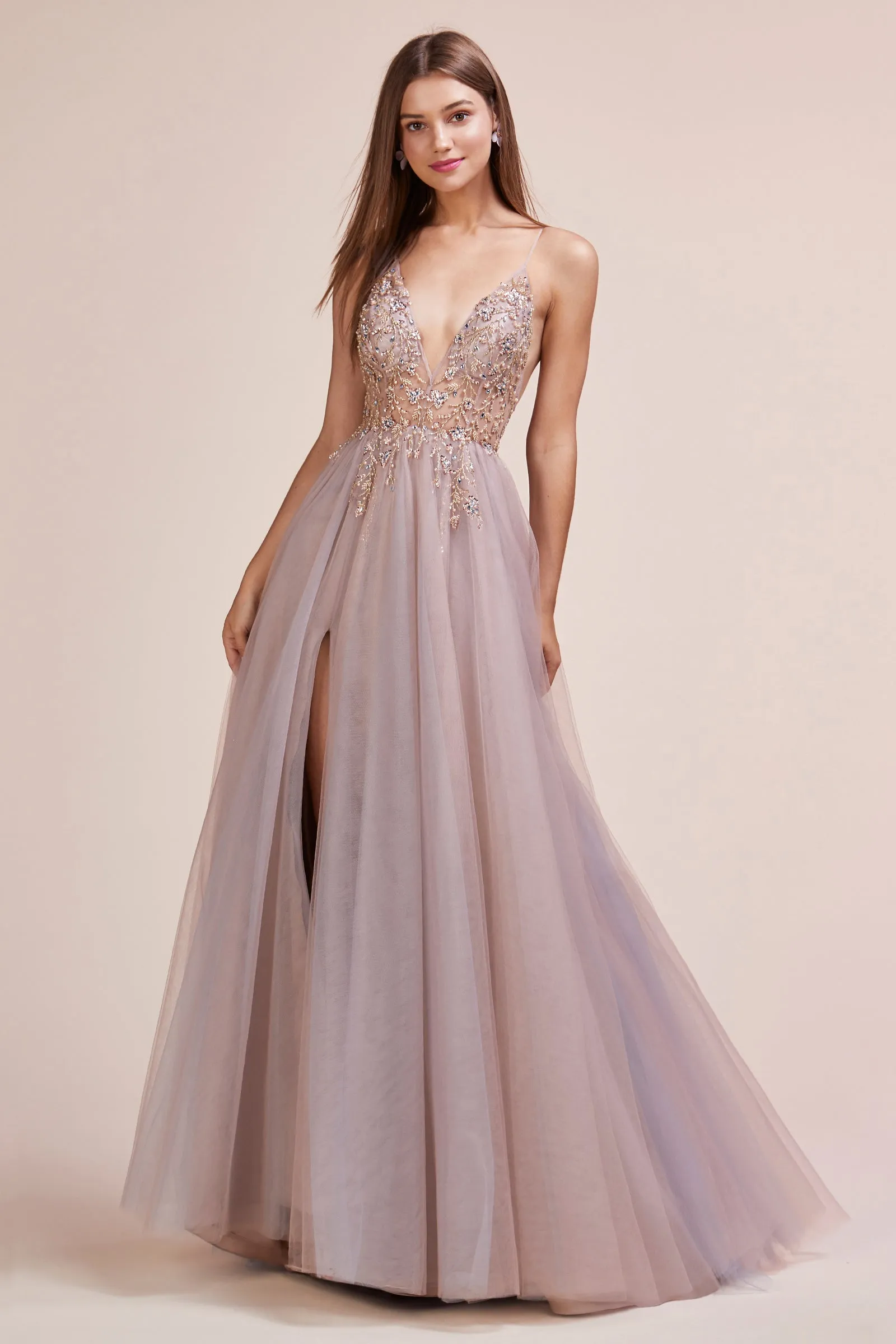 ANDREA & LEO A0672 Beaded Bodice Tulle A Line Slit Dress
