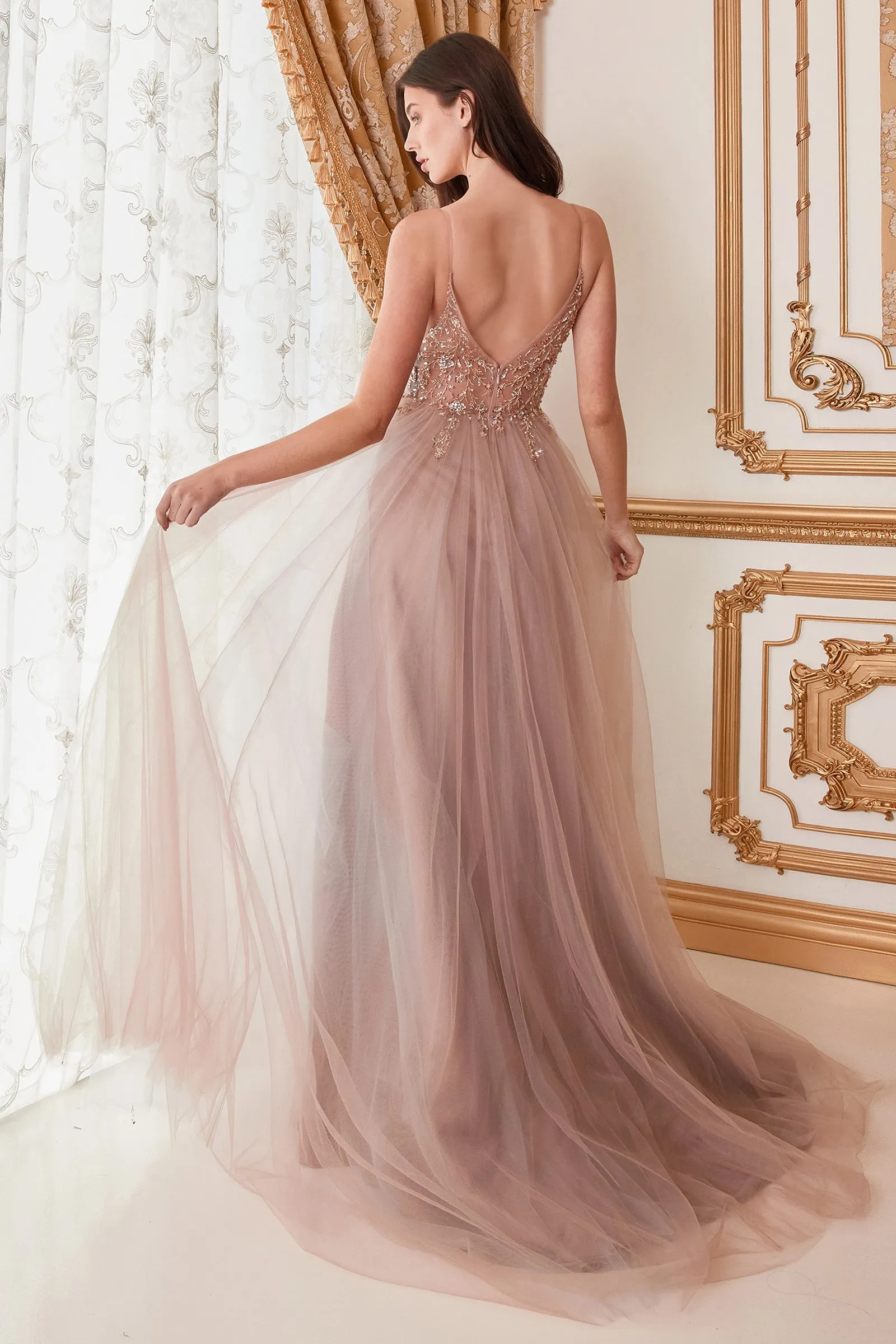 ANDREA & LEO A0672 Beaded Bodice Tulle A Line Slit Dress