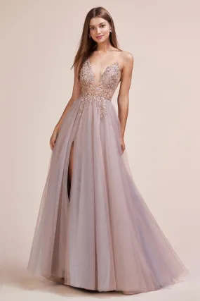 ANDREA & LEO A0672 Beaded Bodice Tulle A Line Slit Dress