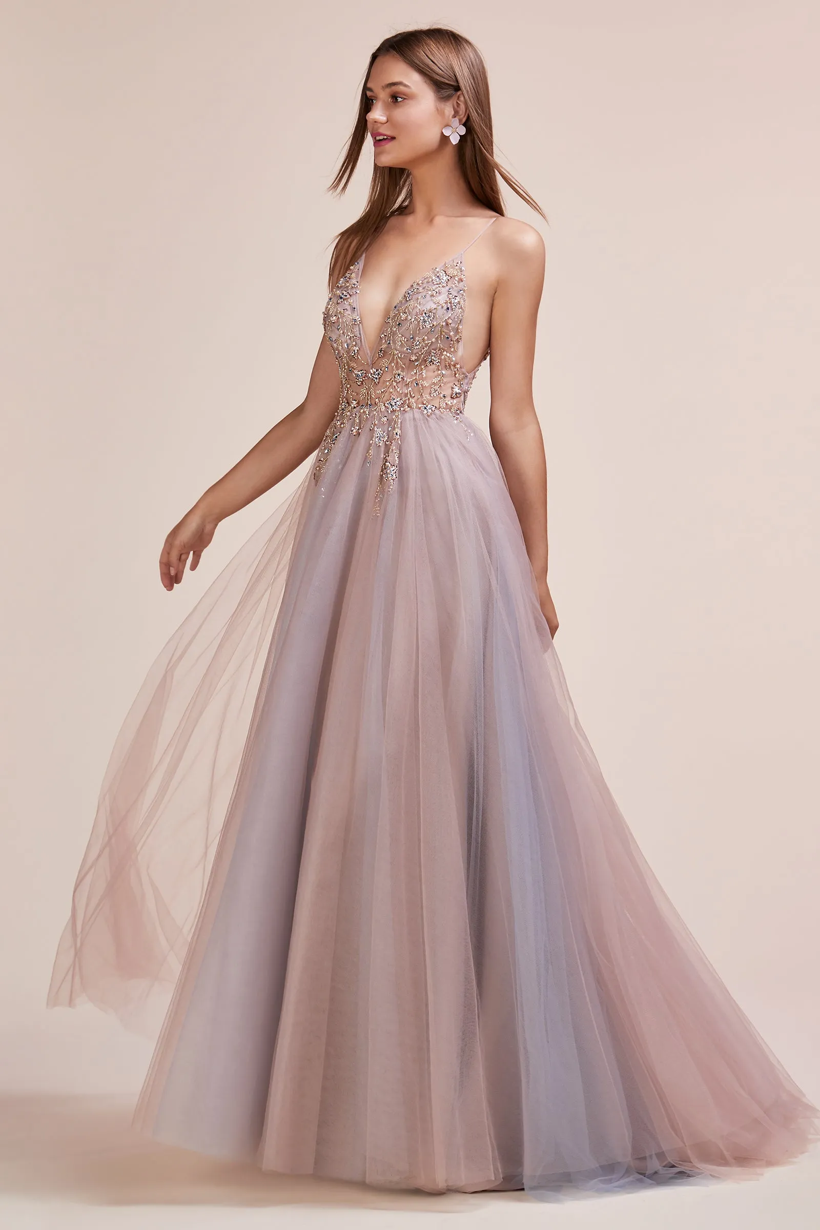 ANDREA & LEO A0672 Beaded Bodice Tulle A Line Slit Dress