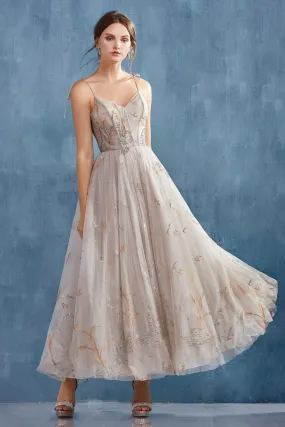 ANDREA & LEO A0987 Embroidered Bodice Tea Length A-Line Dress