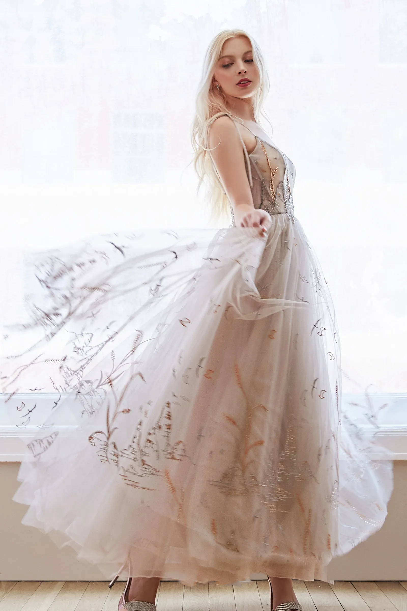 ANDREA & LEO A0987 Embroidered Bodice Tea Length A-Line Dress
