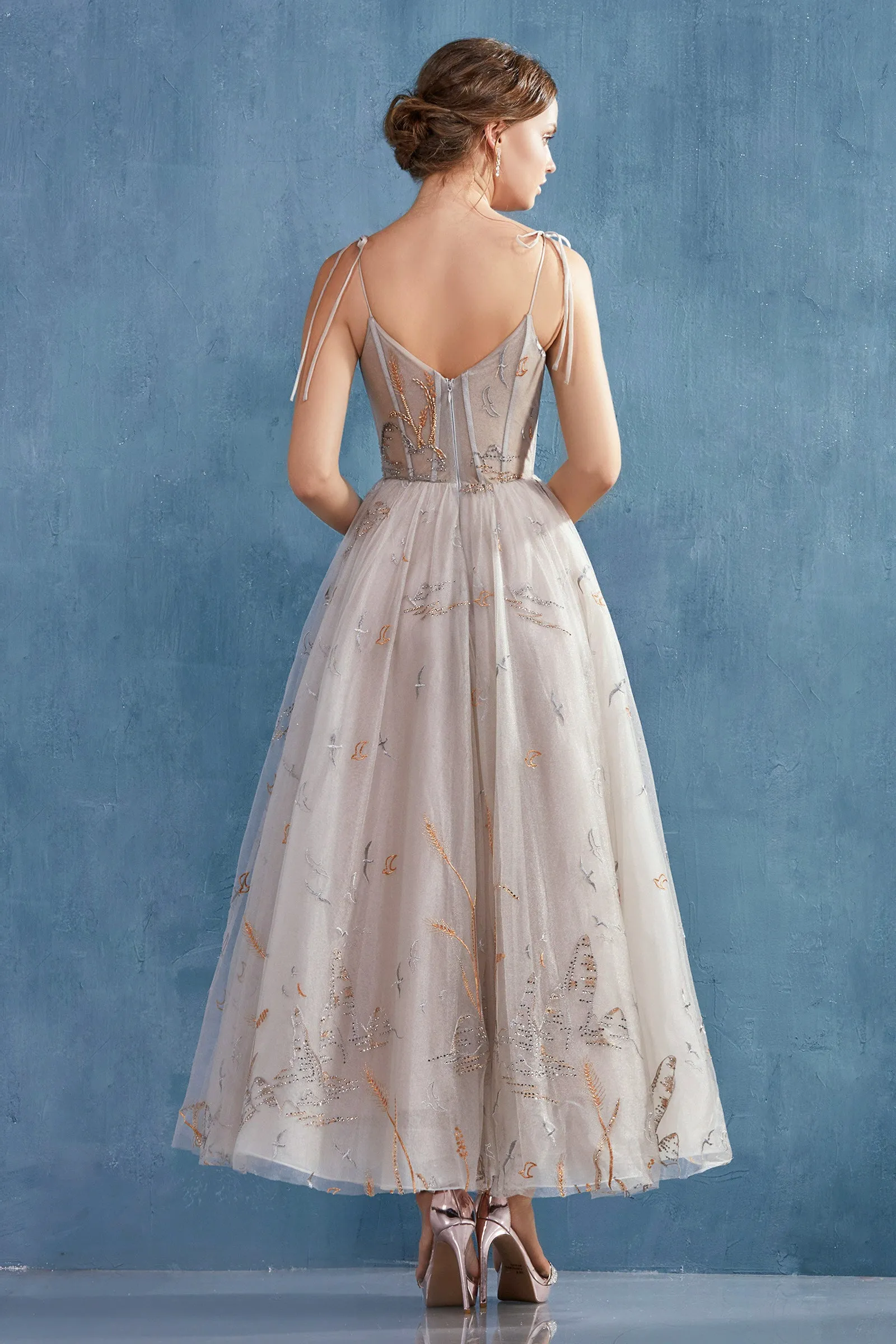 ANDREA & LEO A0987 Embroidered Bodice Tea Length A-Line Dress