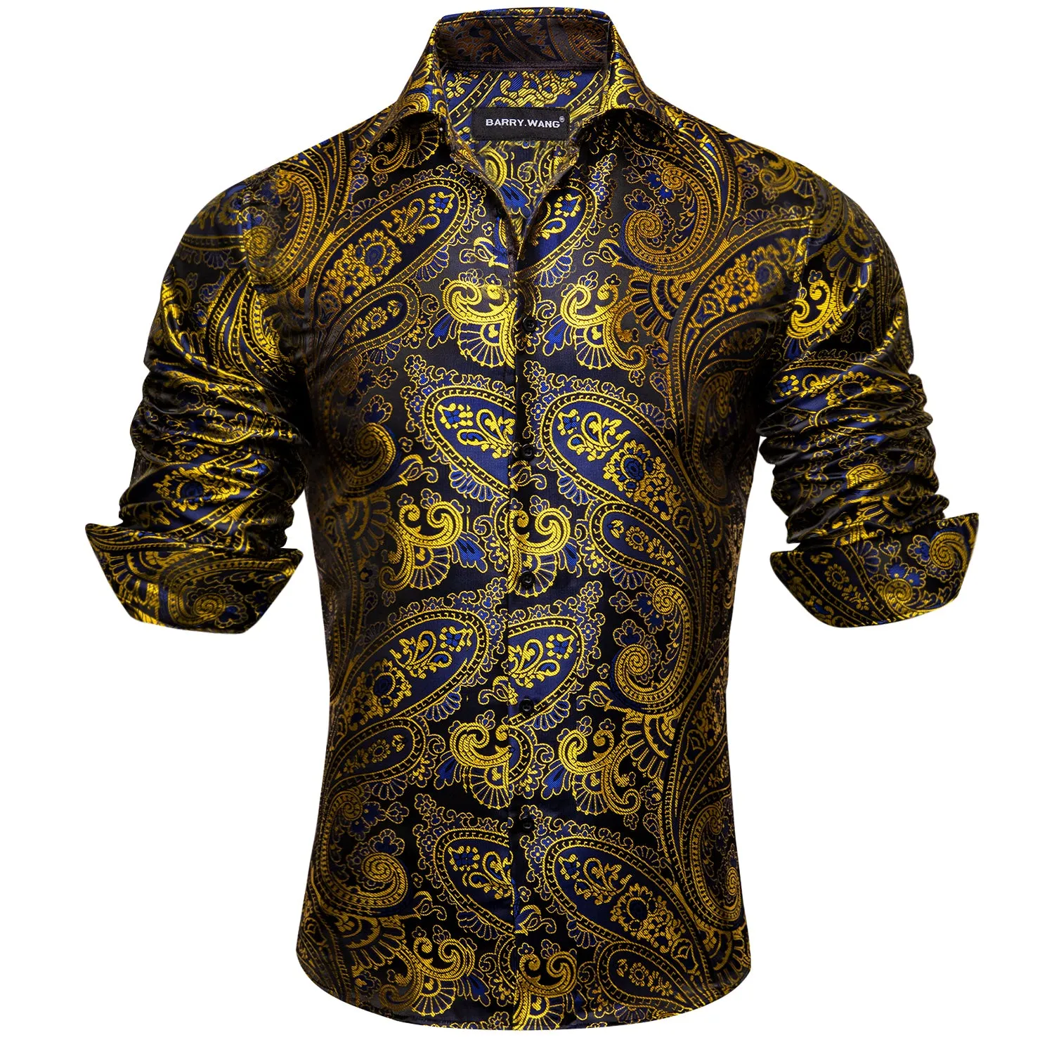Barry Wang Gold Blue Black Paisley Pattern Silk Men's Formal Shirt