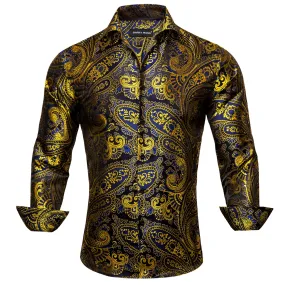 Barry Wang Gold Blue Black Paisley Pattern Silk Men's Formal Shirt