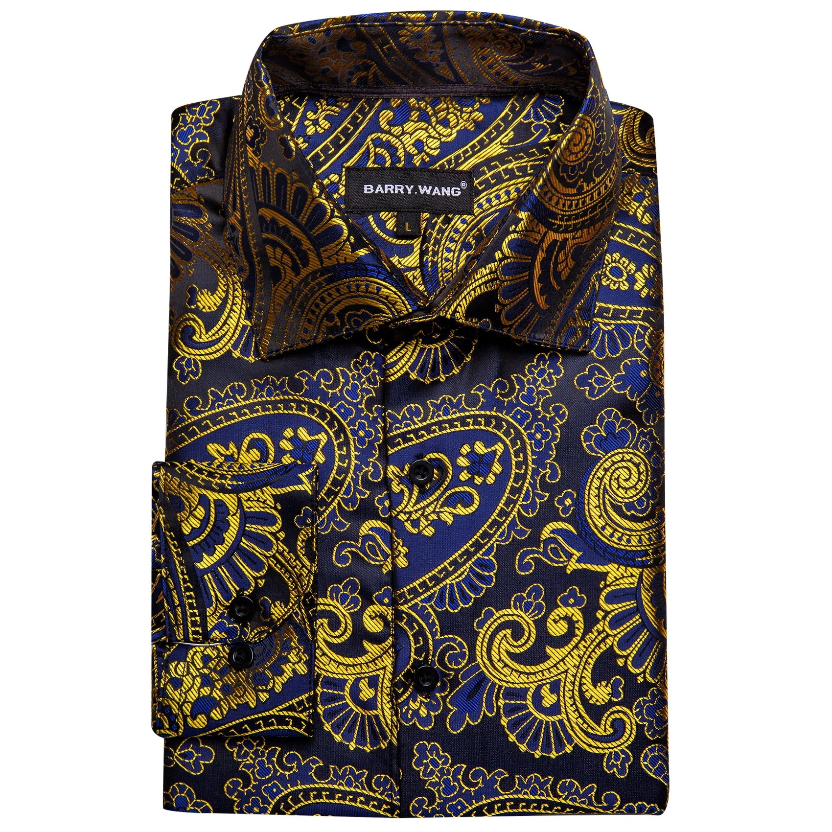 Barry Wang Gold Blue Black Paisley Pattern Silk Men's Formal Shirt