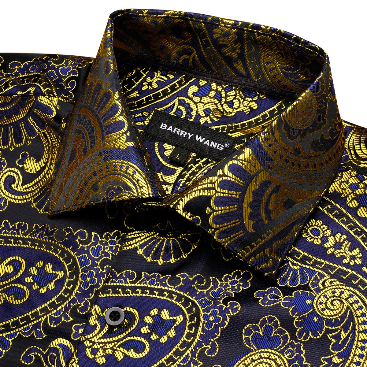 Barry Wang Gold Blue Black Paisley Pattern Silk Men's Formal Shirt