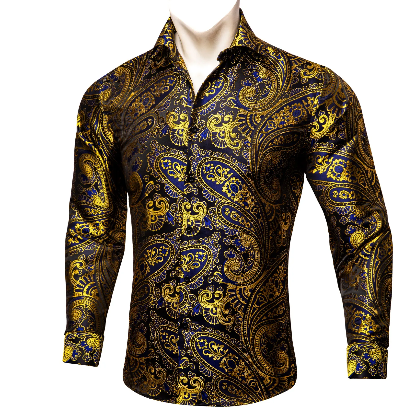 Barry Wang Gold Blue Black Paisley Pattern Silk Men's Formal Shirt