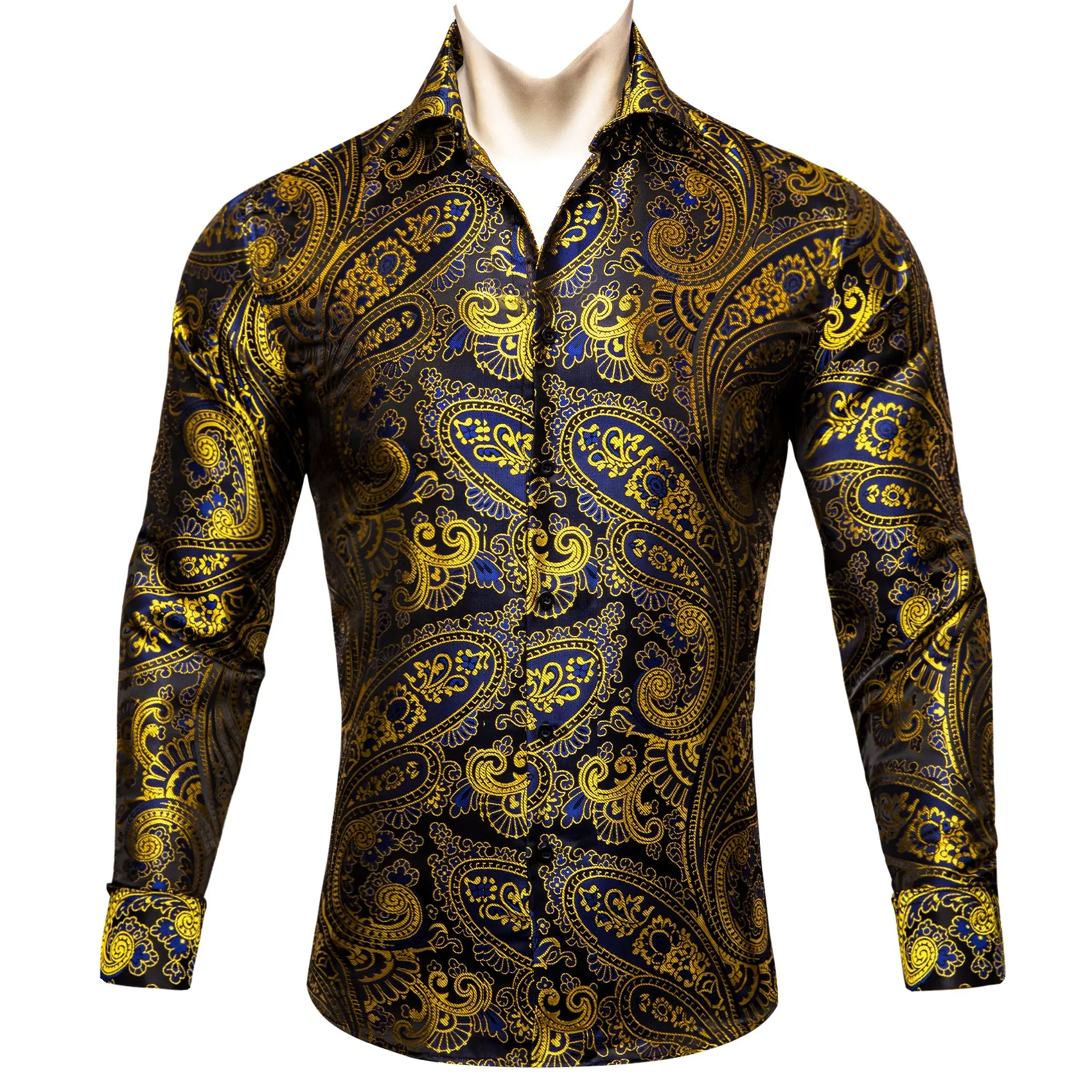 Barry Wang Gold Blue Black Paisley Pattern Silk Men's Formal Shirt