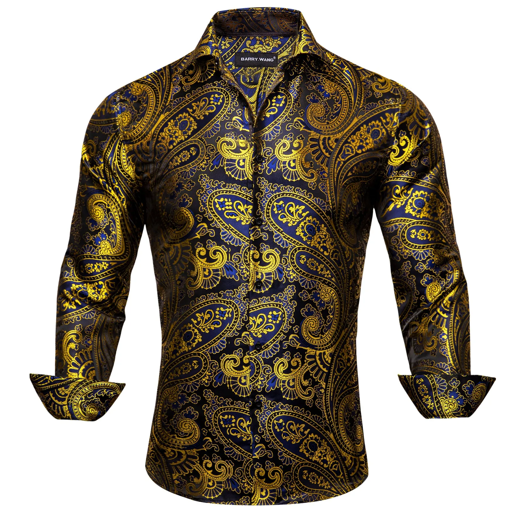 Barry Wang Gold Blue Black Paisley Pattern Silk Men's Formal Shirt
