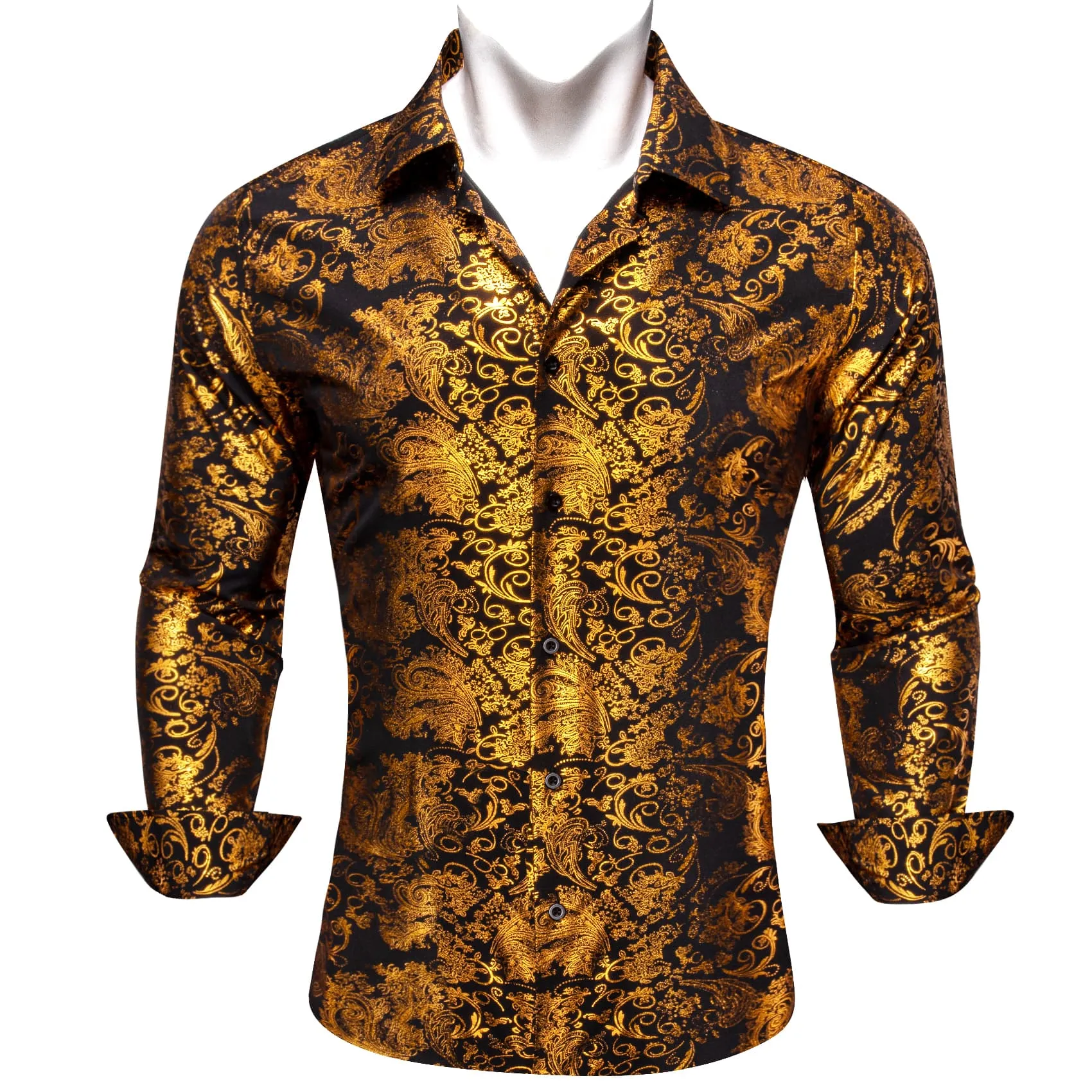 Barry Wang Gold Shirt Black Paisley Men's Windsor Collar Button Shirt