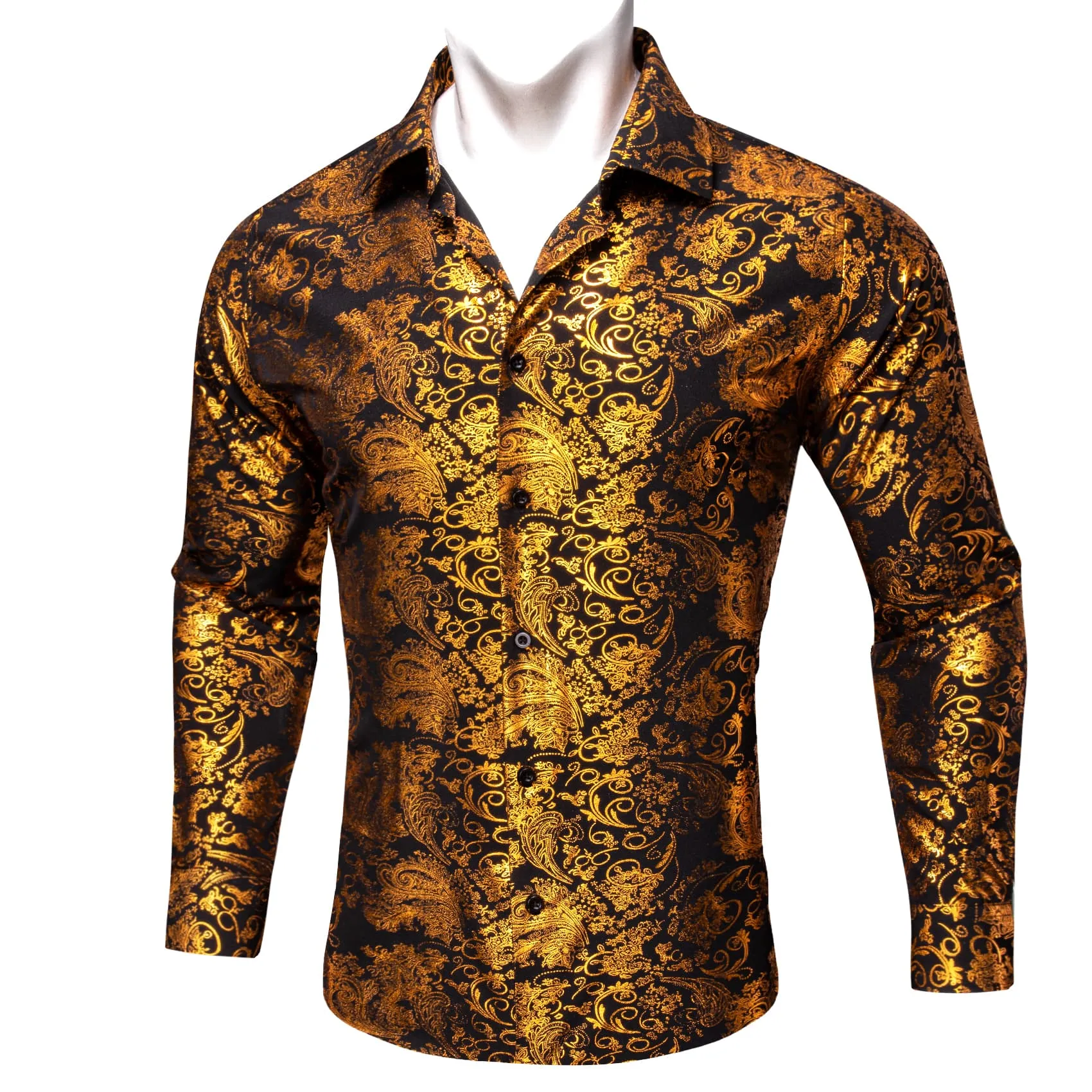 Barry Wang Gold Shirt Black Paisley Men's Windsor Collar Button Shirt