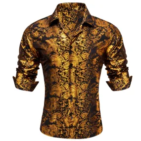 Barry Wang Gold Shirt Black Paisley Men's Windsor Collar Button Shirt