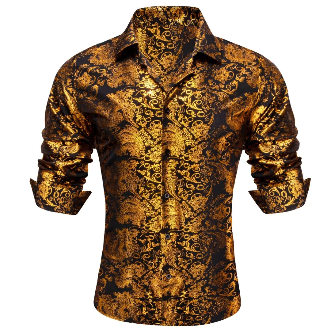 Barry Wang Gold Shirt Black Paisley Men's Windsor Collar Button Shirt