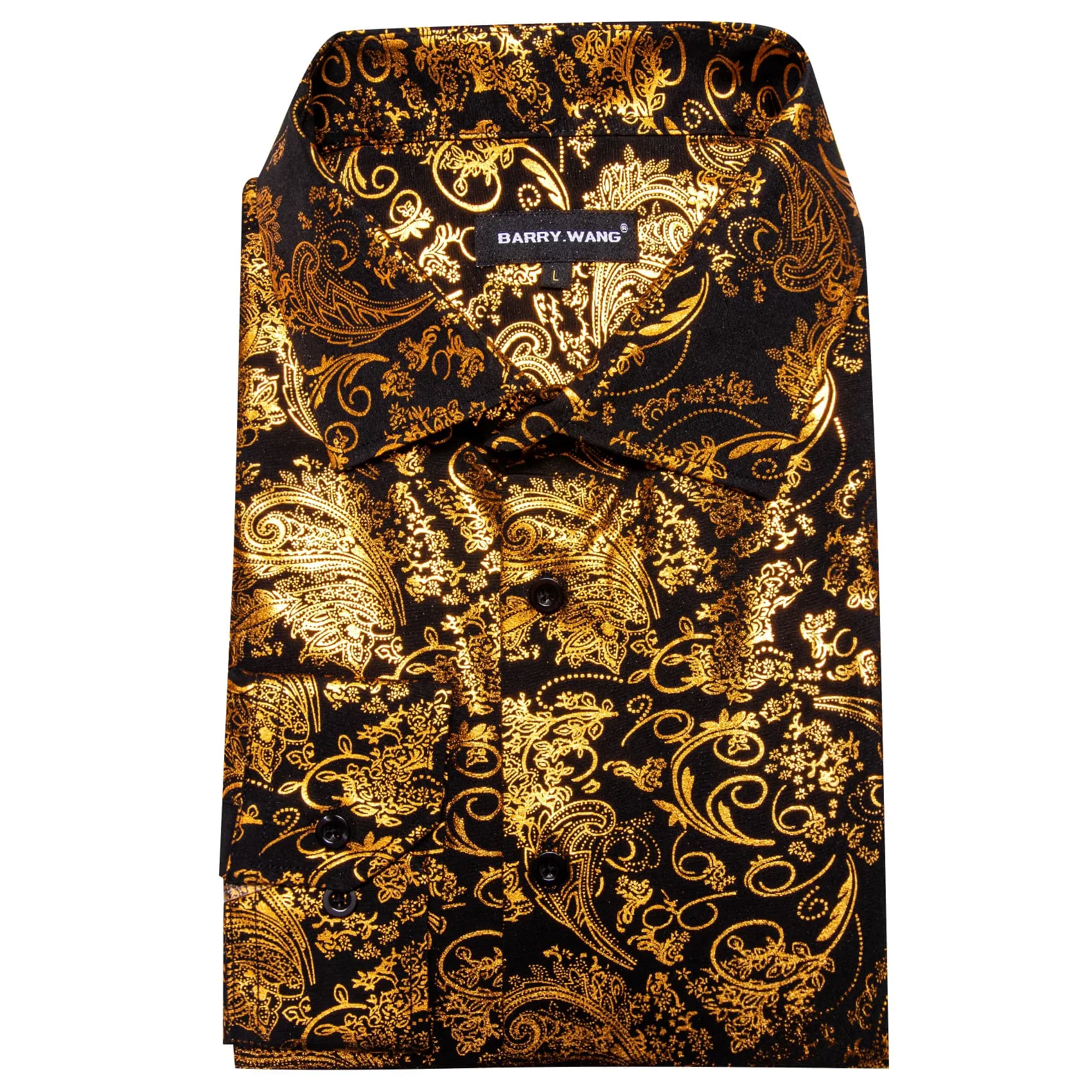 Barry Wang Gold Shirt Black Paisley Men's Windsor Collar Button Shirt