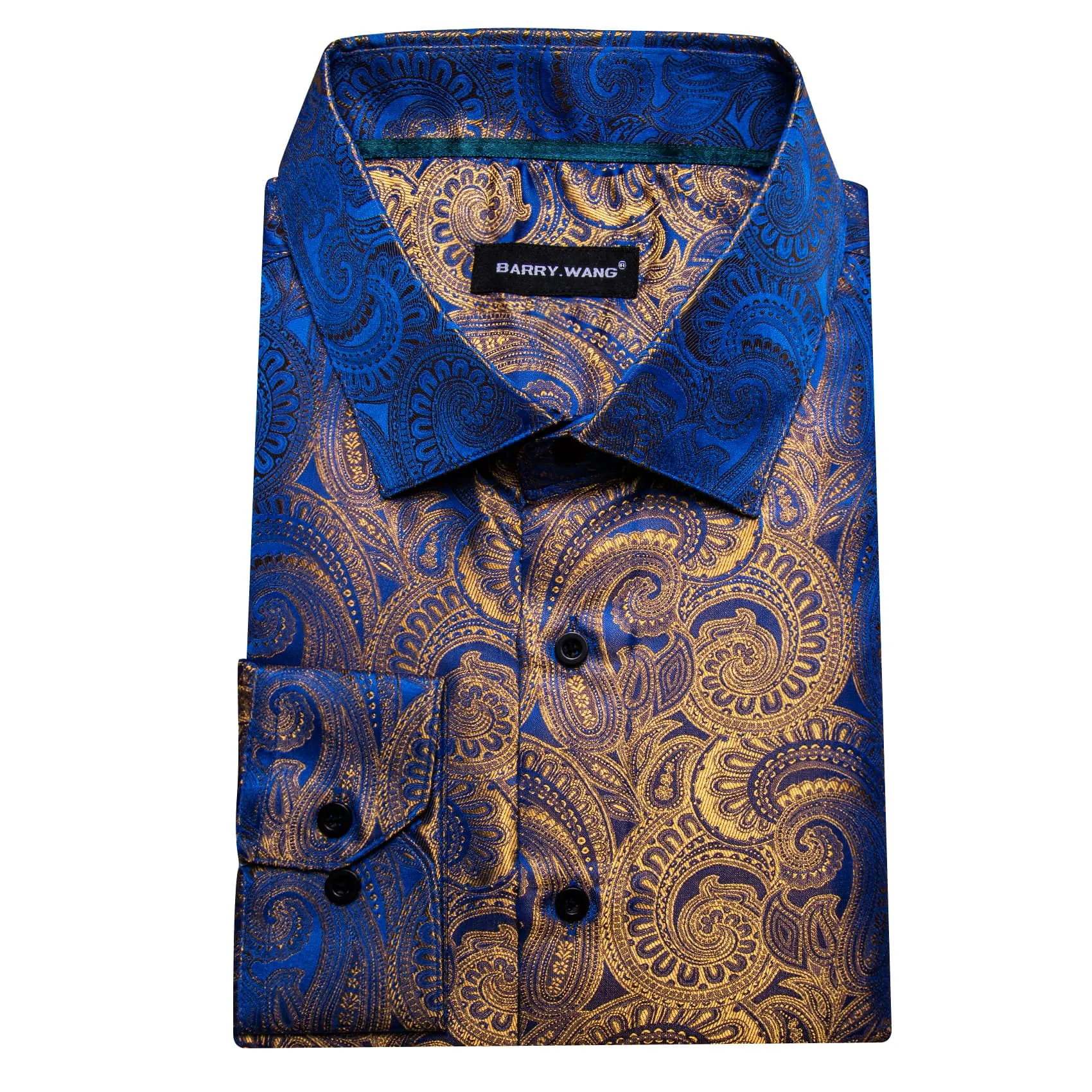 Barry Wang Men's Button Up Shirt Blue Light Golden Paisley Dress Shirt