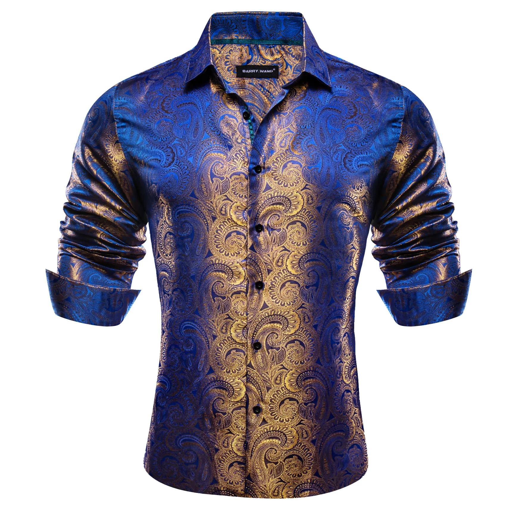 Barry Wang Men's Button Up Shirt Blue Light Golden Paisley Dress Shirt