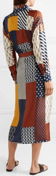 'Bianca' Patchwork Printed Silk-Twill Midi Dress