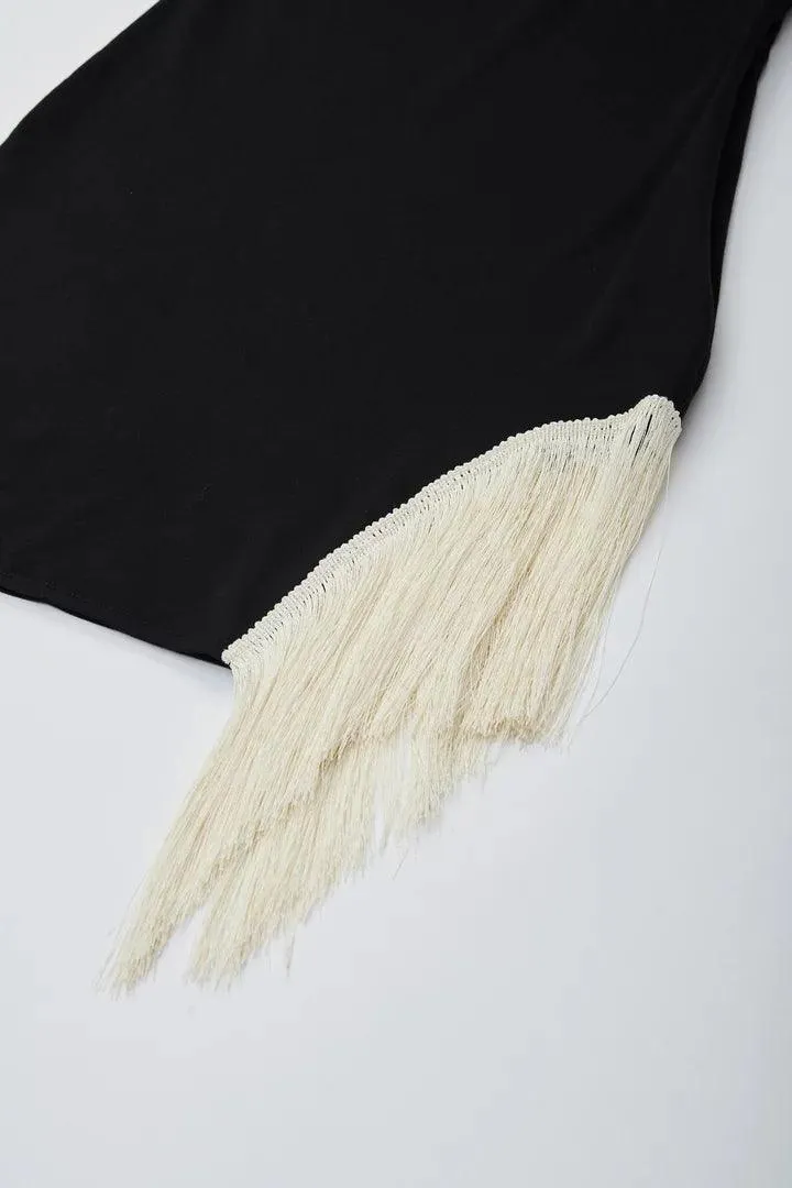 Black One Shoulder Mini Dress With Tassels