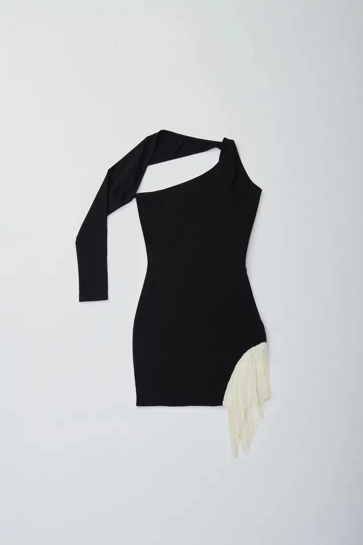 Black One Shoulder Mini Dress With Tassels