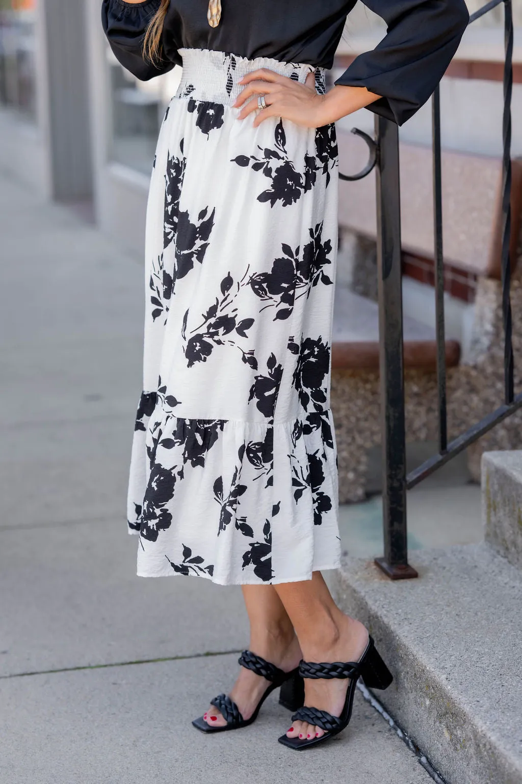 Blossoms Ruffle Bottom Midi Skirt