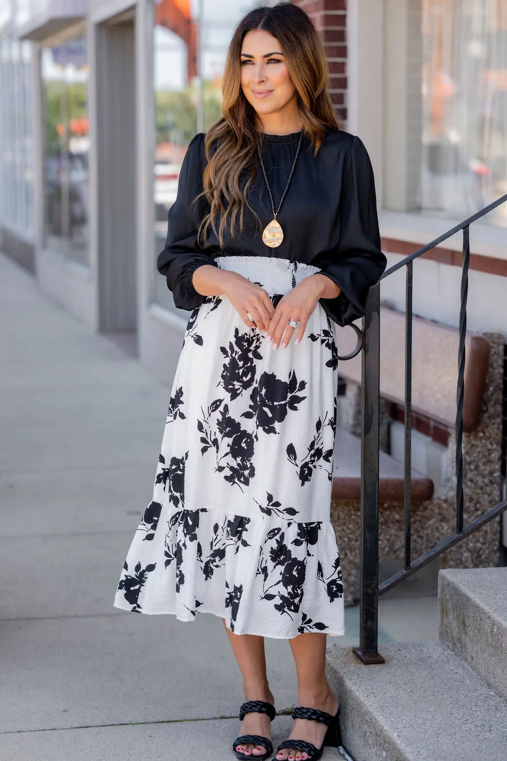 Blossoms Ruffle Bottom Midi Skirt