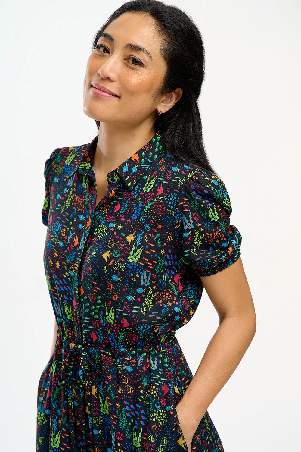 Cassandra Midi Shirt Dress - Black, Underwater Ditsy