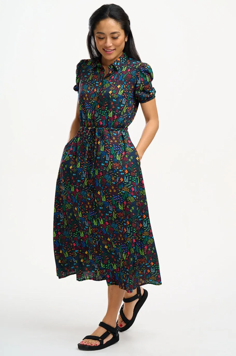 Cassandra Midi Shirt Dress - Black, Underwater Ditsy
