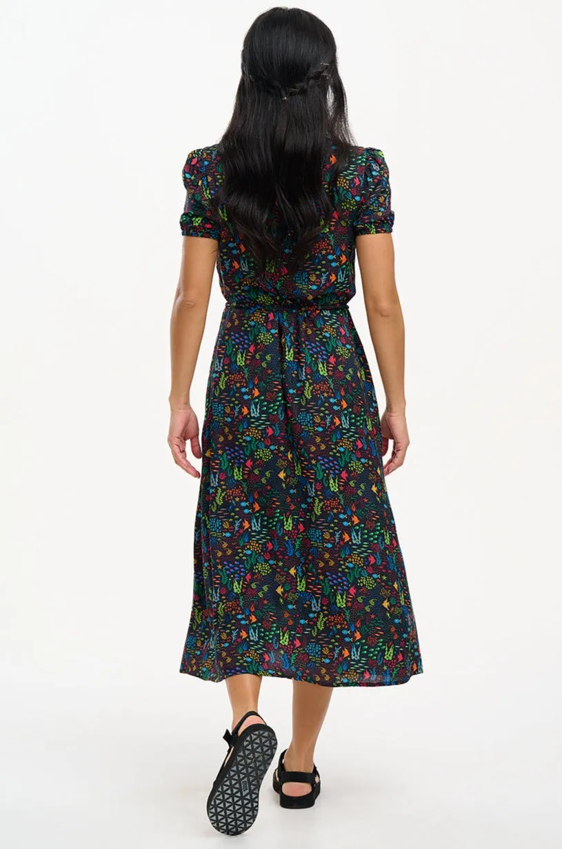 Cassandra Midi Shirt Dress - Black, Underwater Ditsy