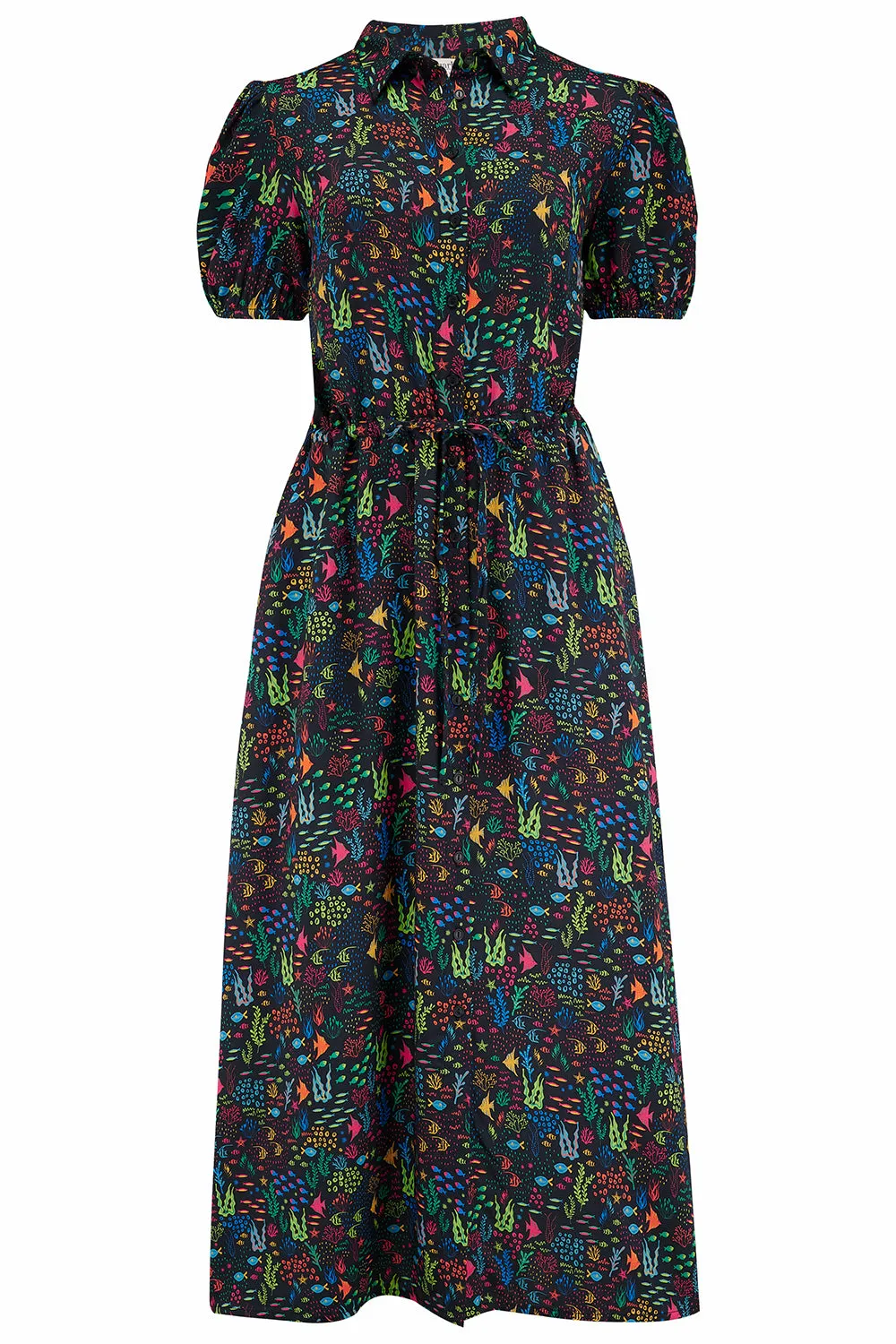 Cassandra Midi Shirt Dress - Black, Underwater Ditsy
