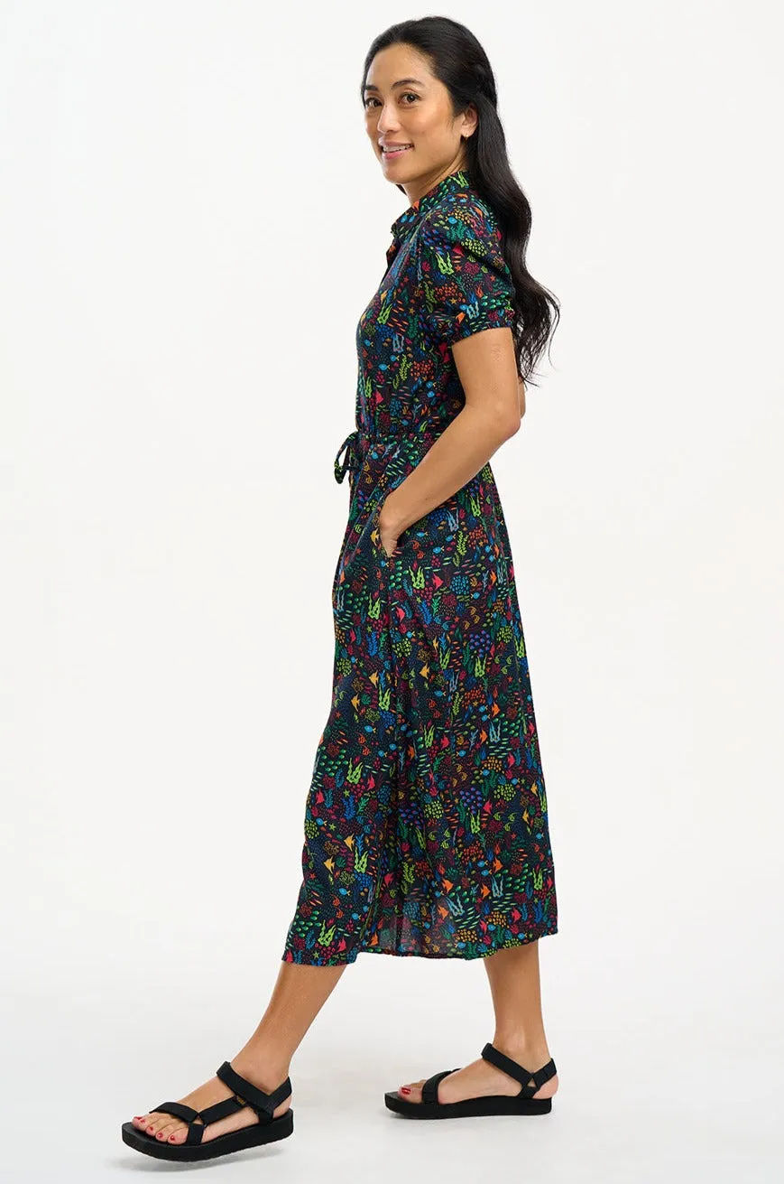 Cassandra Midi Shirt Dress - Black, Underwater Ditsy