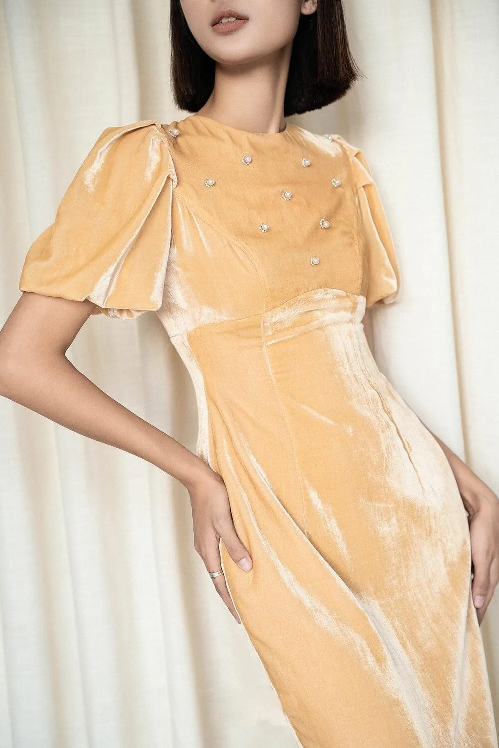 Cedar Pencil Puffy Sleeved Velvet Midi Dress