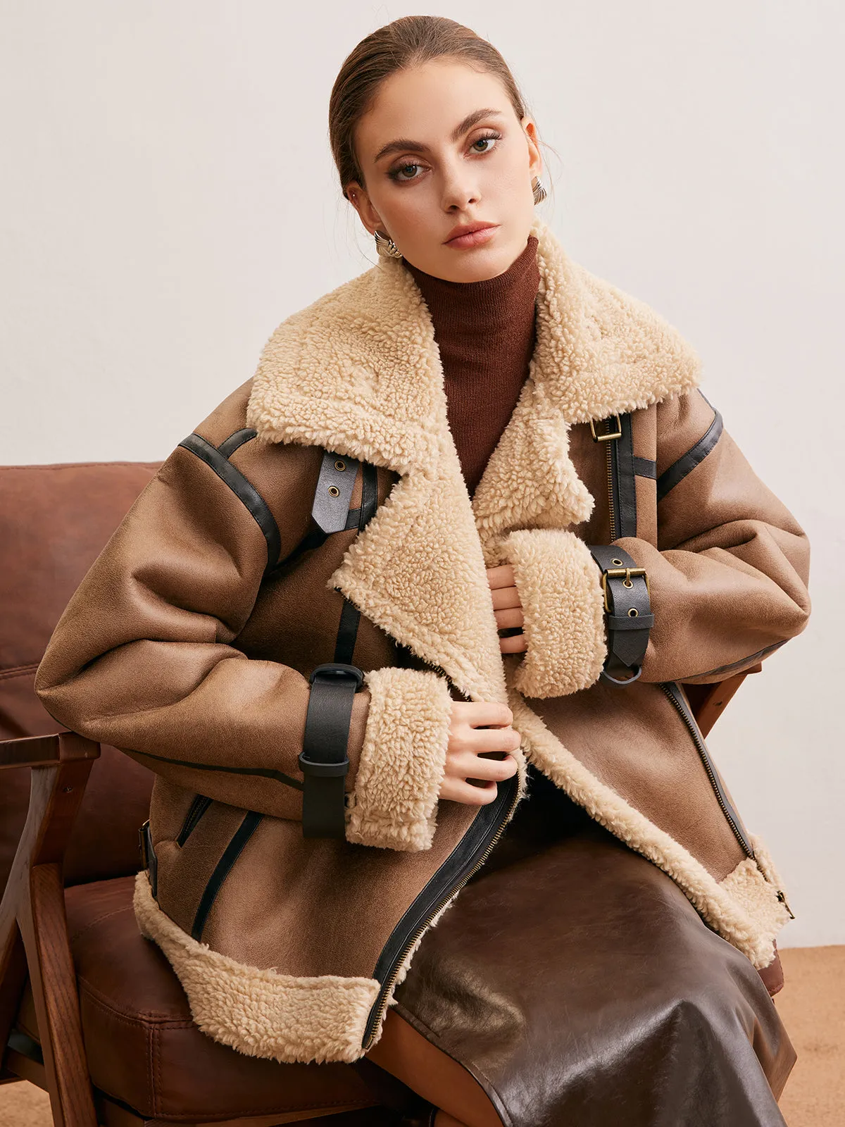 Chicmy-Winter Outfits Christmas Thanksgiving Gift New Year's Eve Outfits Streetwear Fashion Faux Leather Zipper Teddy Coat