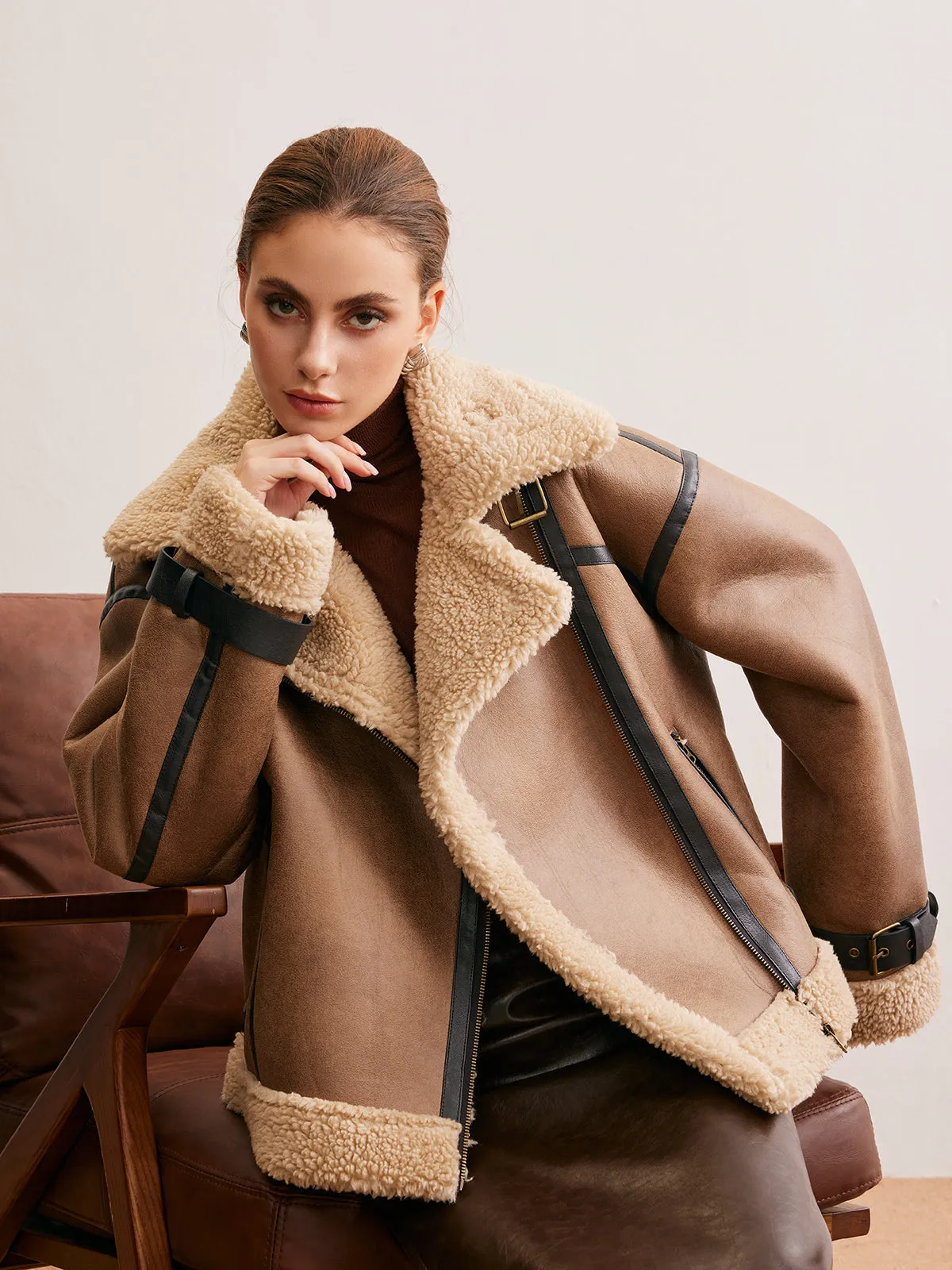 Chicmy-Winter Outfits Christmas Thanksgiving Gift New Year's Eve Outfits Streetwear Fashion Faux Leather Zipper Teddy Coat